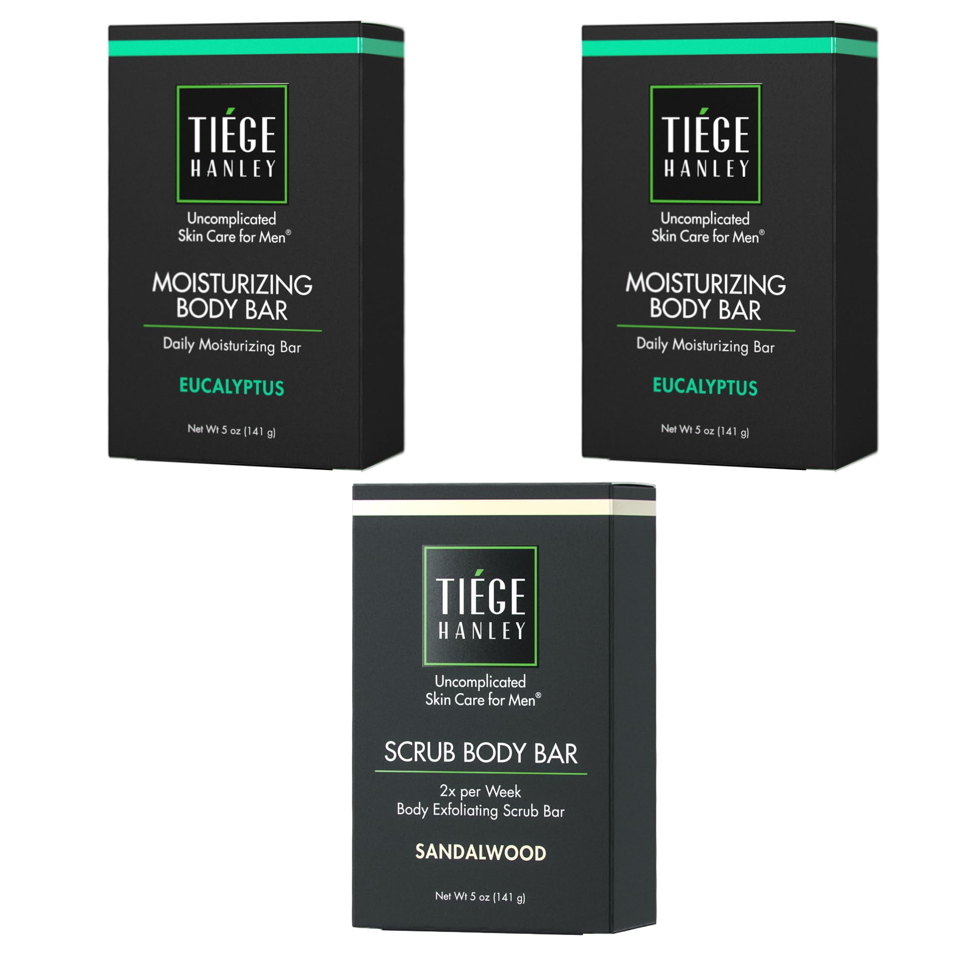 Tiege Hanley Moisturizing Body Bar 5 oz (2-Pack) + Exfoliating Scrub Body Bar 5 oz - Hydrating Skincare Set for Men with Dry Skin | Post-Shower & Daily Grooming Routine