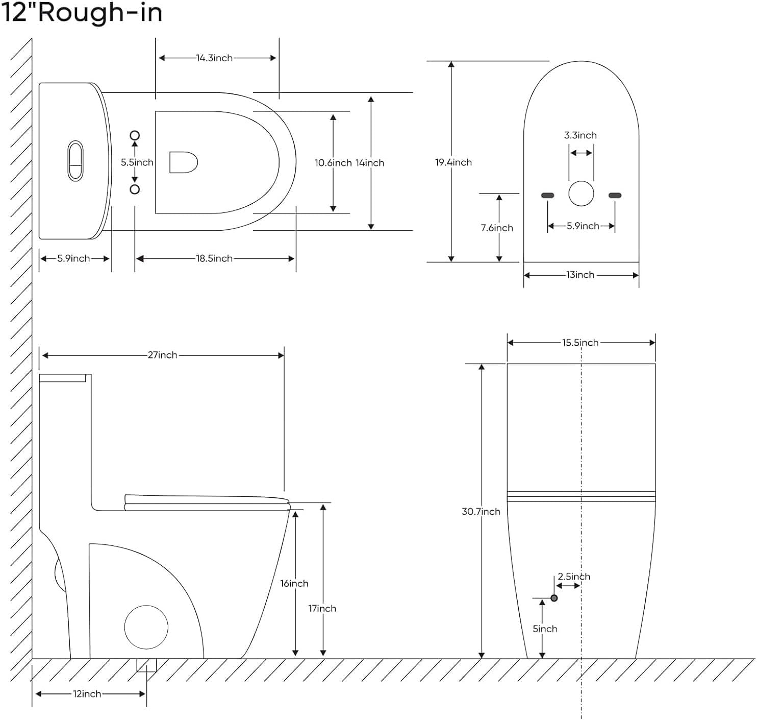 1.6 GPF Elongated Dual Flush Toilet with Soft Close Seat - 15.5