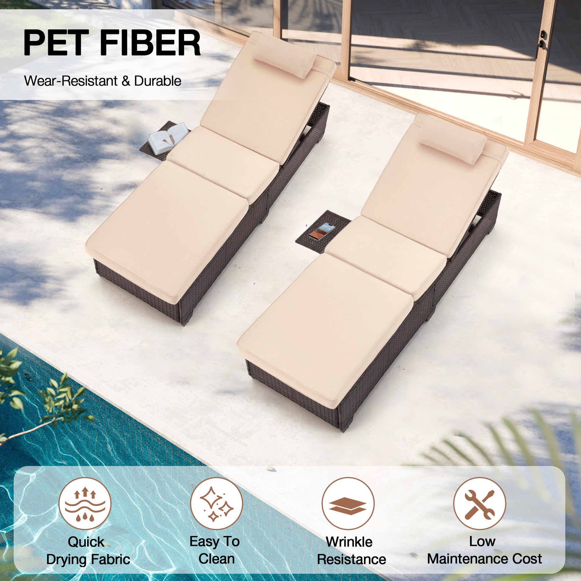 HOMREST 2-Piece PE Wicker Patio Lounge Chair Set with Adjustable Headrest & Soft Cushions - 5 Reclining Positions, Storage Rack - Outdoor Chaise Lounge for Poolside, Backyard, Garden Relaxation (Khaki)