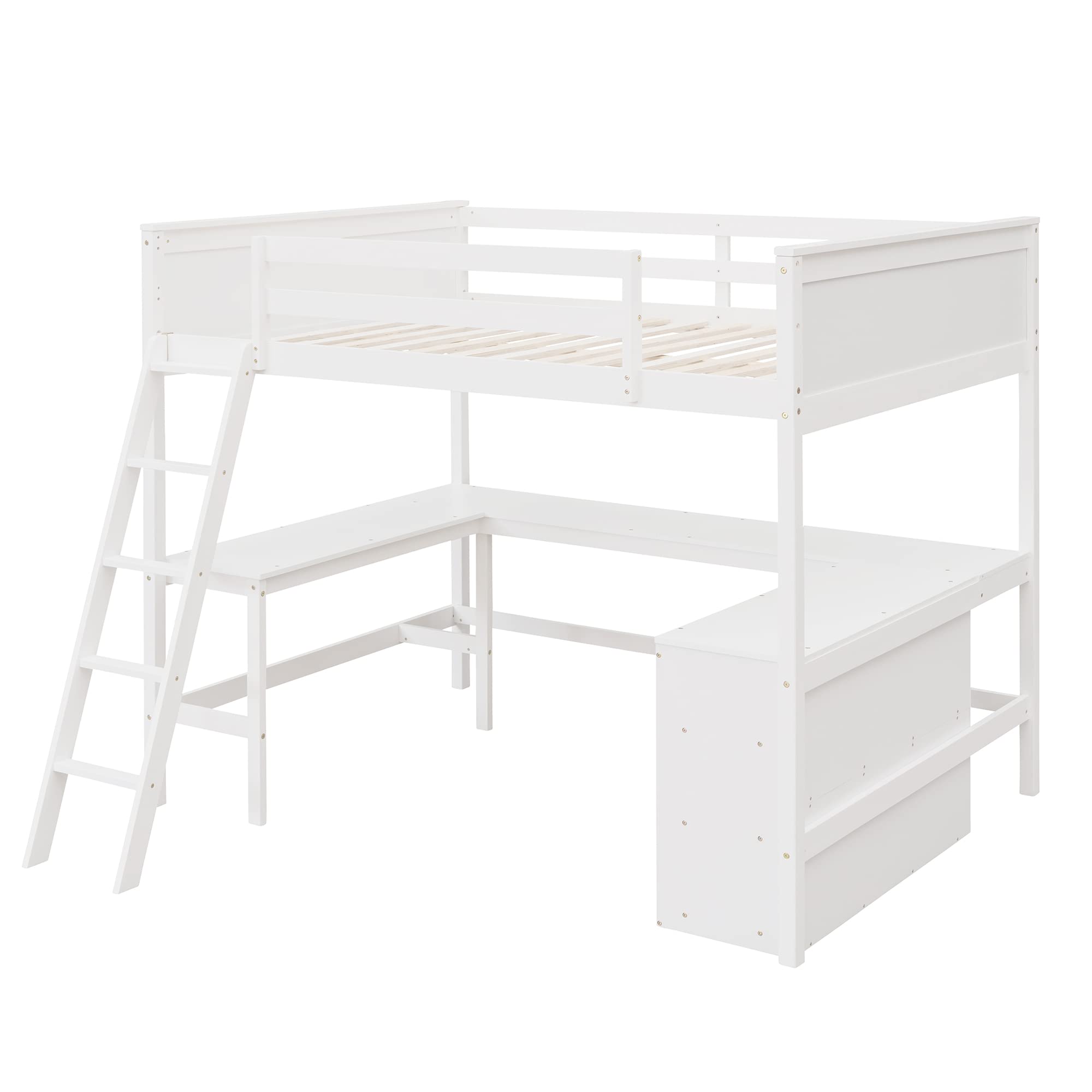 Full Size Wooden Loft Bed with Built-in Desk, Shelves & Storage - Space Saving Furniture for Kids, Teens & Adults (White) - Perfect for Small Bedrooms, Dorms & Studio Apartments