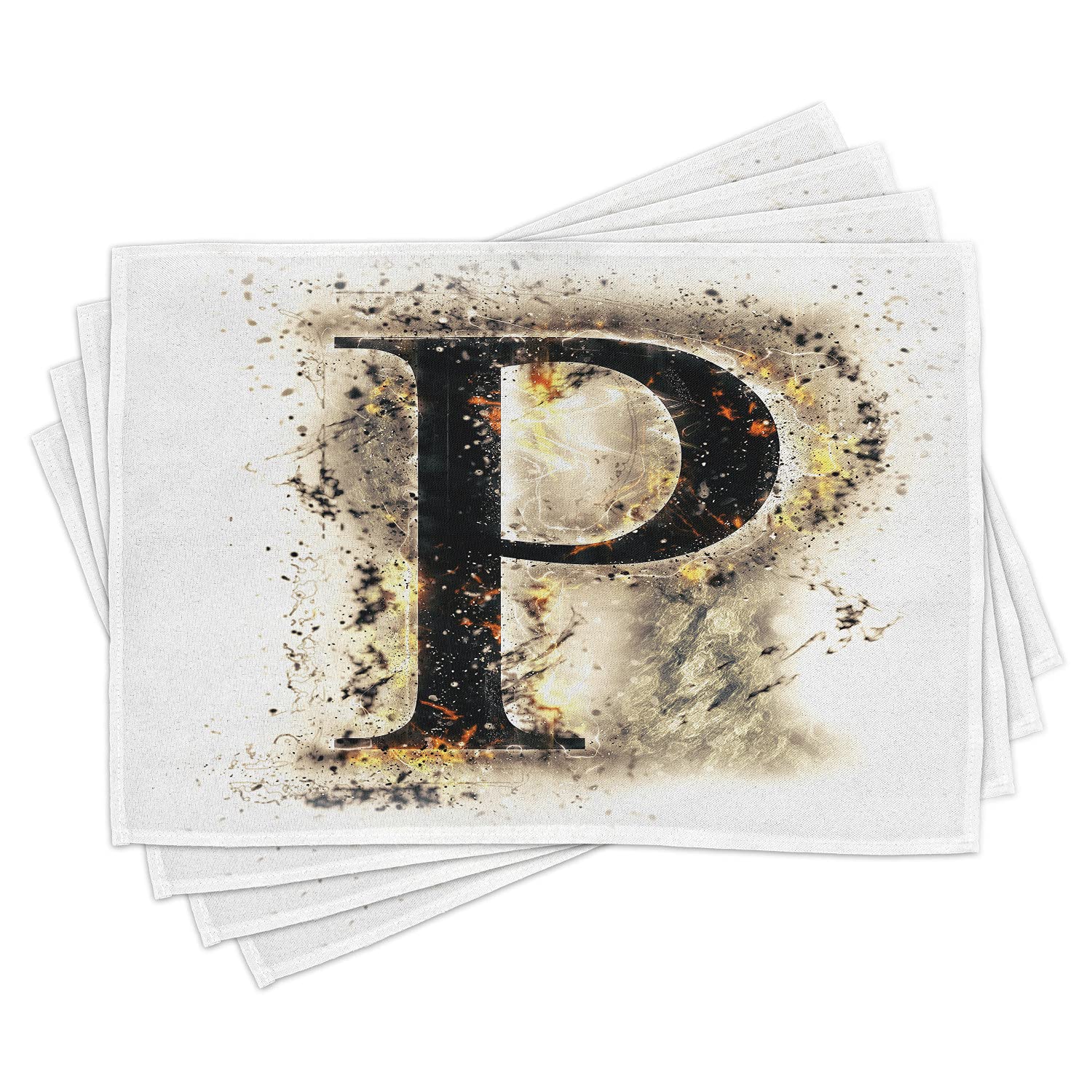 Ambesonne Letter P Place Mats Set of 4 - Washable Fabric Dining Table Mats with P Embers ABC Font Design on Tan Black Yellow Tainted Background | Perfect for Kitchen, Dining Room Decor & Holiday Table Settings