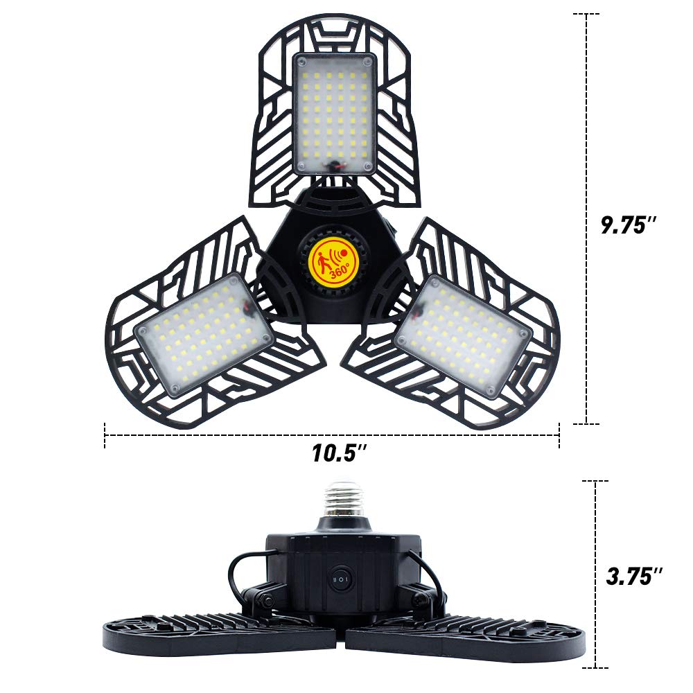 60W Motion Sensor LED Ceiling Light, 6000LM 6000K Daylight White, CRI 80, Adjustable E26/E27 Base, Energy Saving Garage Light - Perfect for Basement, Workshop, Storage Room & Outdoor Security Lighting