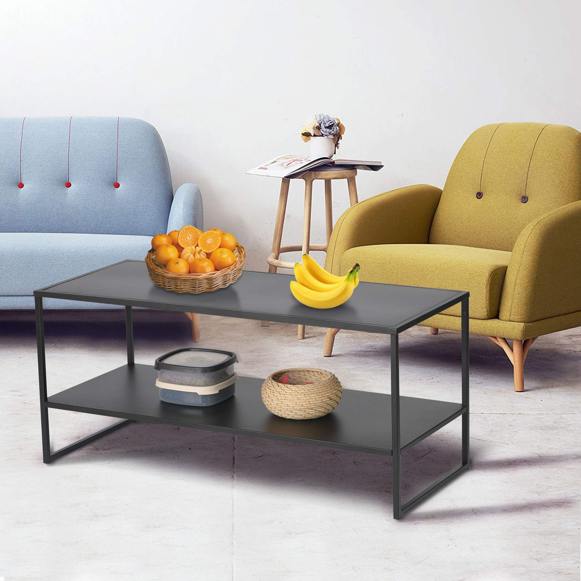 Industrial Coffee Table with Anti-Scratch Surface - 2-Tier Black Cocktail Table for Living Room, Modern Home Decor & Small Space Furniture - Perfect for Apartments, Dorms & Lounge Areas