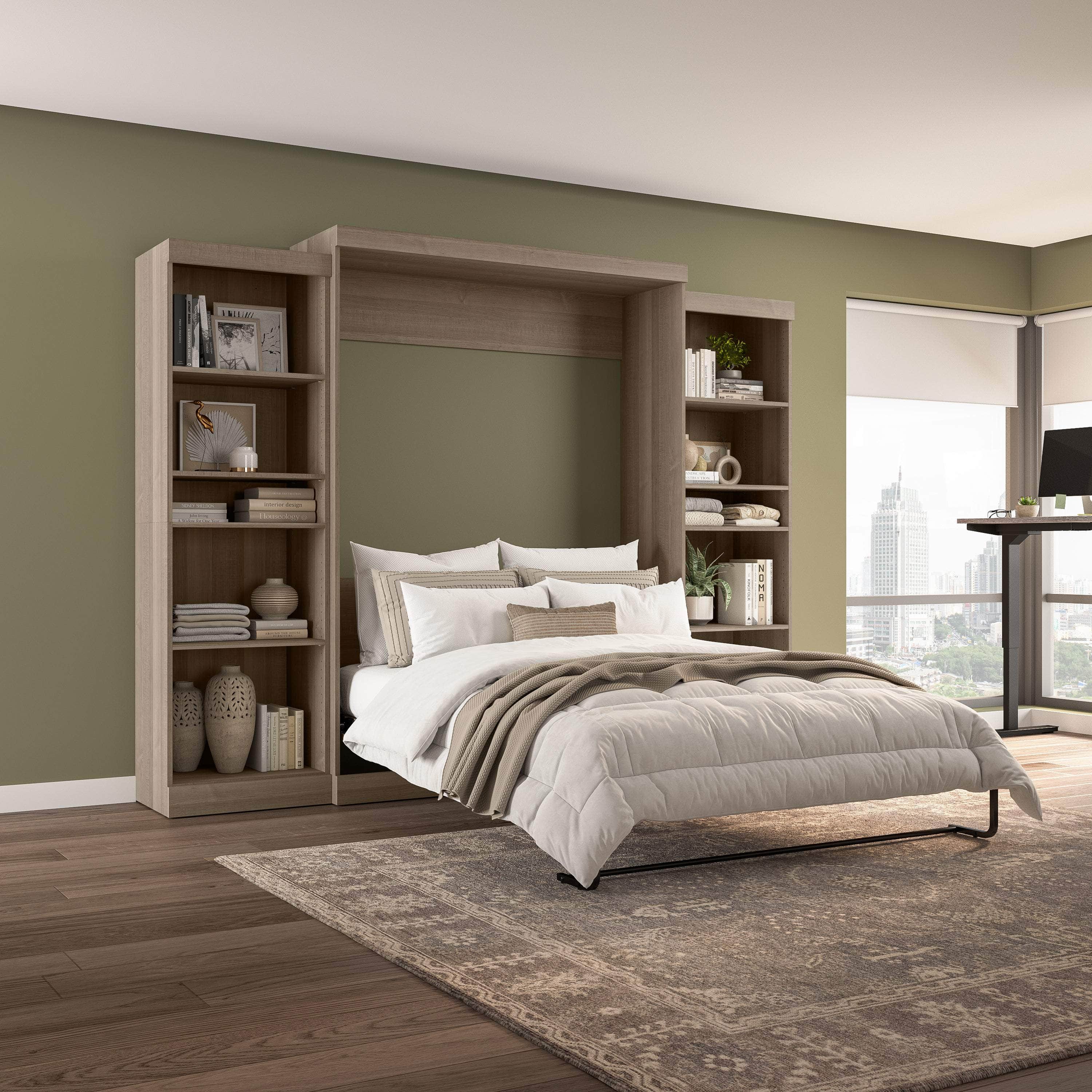 Pur Queen Murphy Wall Bed with 2 Storage Units (115W) - 7 Color Options | Space-Saving Foldable Bed for Small Apartments, Guest Rooms & Home Offices