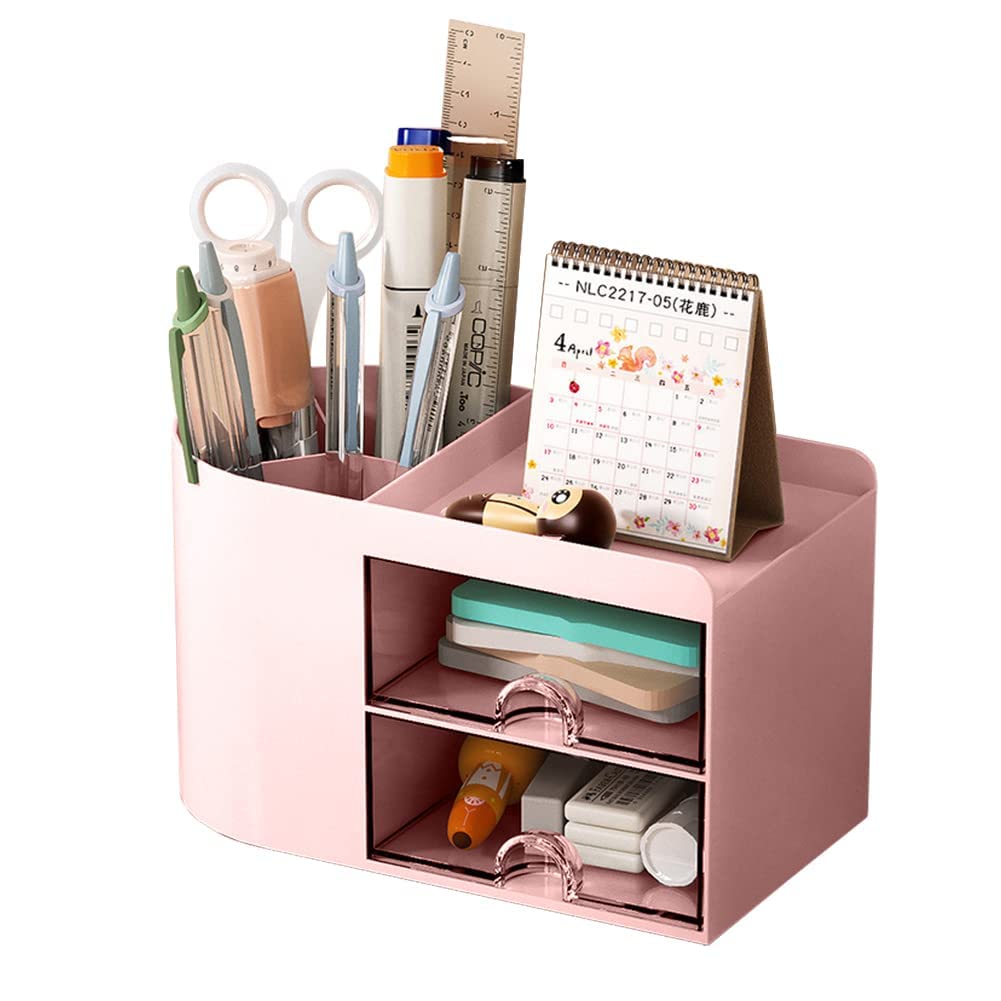 FOIDL 5 Compartment Desk Organizer with Drawer - Multifunctional Office & Vanity Makeup Storage Box, Pen Holder for Home & Office Accessories - Perfect for Desk Organization, Makeup Storage & School Supplies (Pink)