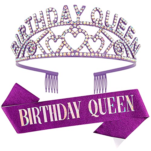 Semato Rhinestone Birthday Crown & Glitter Sash Kit - Sparkling Party Tiara & Decorations for Women's Birthday Celebration (AB Purple) | Perfect for Birthday Parties, Bachelorette Events & Princess-Themed Occasions