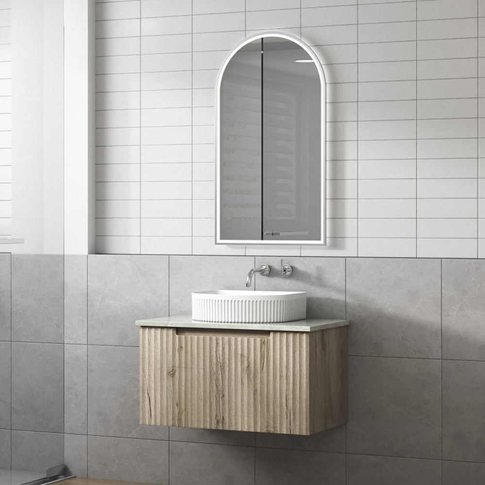 Fienza 750mm Calder Fluted Wall Hung Vanity with Crystal Ceramic Top - Modern Bathroom Sink Cabinet for Small Spaces, CAWH44 750 ST | Perfect for Apartments, Powder Rooms & Contemporary Bathroom Designs