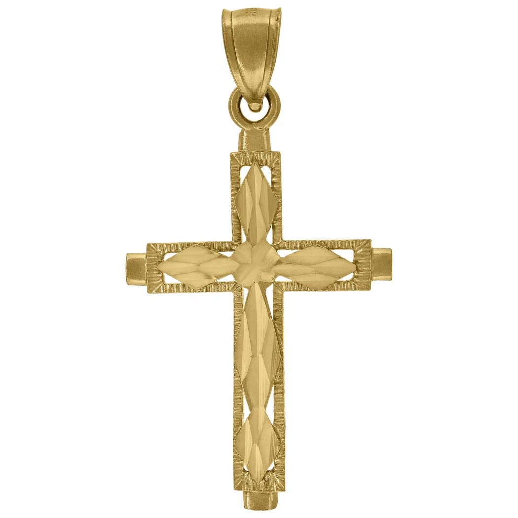 10K Yellow Gold Textured Sparkle Cut Cross Pendant Necklace for Men & Women - 38.6x21.4mm Religious Jewelry Gift - Perfect for Baptism, Confirmation, Church & Everyday Wear