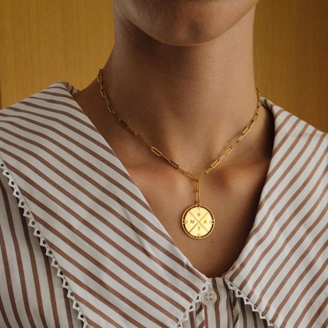 Oak & Luna Engraved Compass Necklace with Diamond - Personalized Initial Pendant Jewelry for Women - Birthday, Mother's Day, Christmas Gift - Perfect for Travel Lovers & Special Occasions