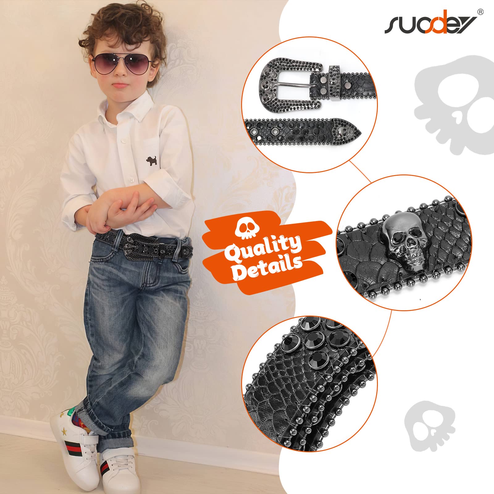 SUOSDEY Rhinestone Skull Leather Belt for Kids - Western Bling Cowboy Cowgirl Belt for Boys & Girls - Stylish Belt for Jeans & Pants - Perfect for Western Parties, Rodeos & Everyday Fashion