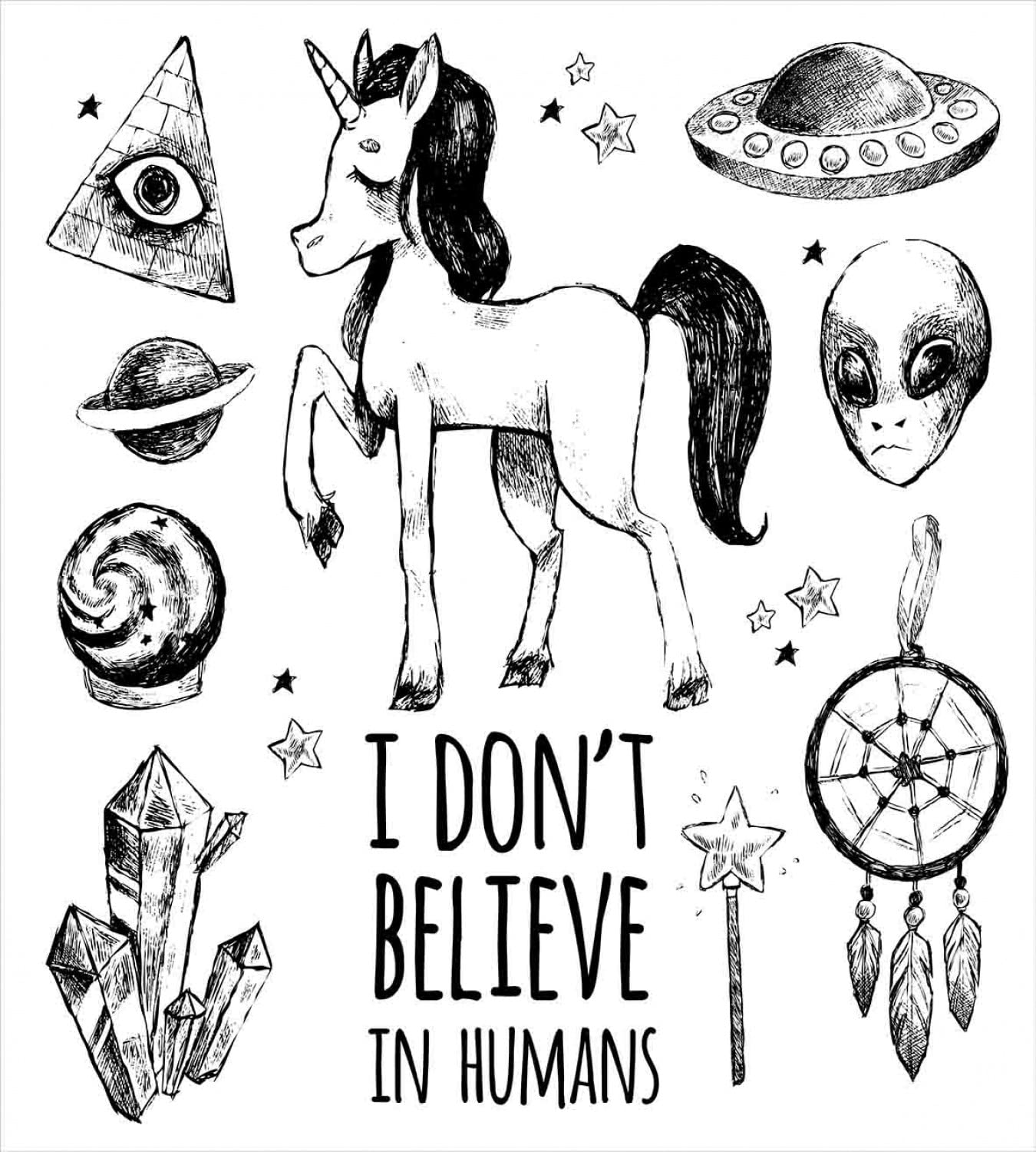 Ambesonne Unicorn Duvet Cover Set - 2 Pack Cal King Size Black, I Don't Believe in Humans Art with Pyramids Aliens Dreamcatcher Planets Grunge Print, Includes 2 Duvet Covers & 2 Pillowcases - Perfect for Kids' Bedroom, Fantasy Themed Decor, and Unique Gift Idea