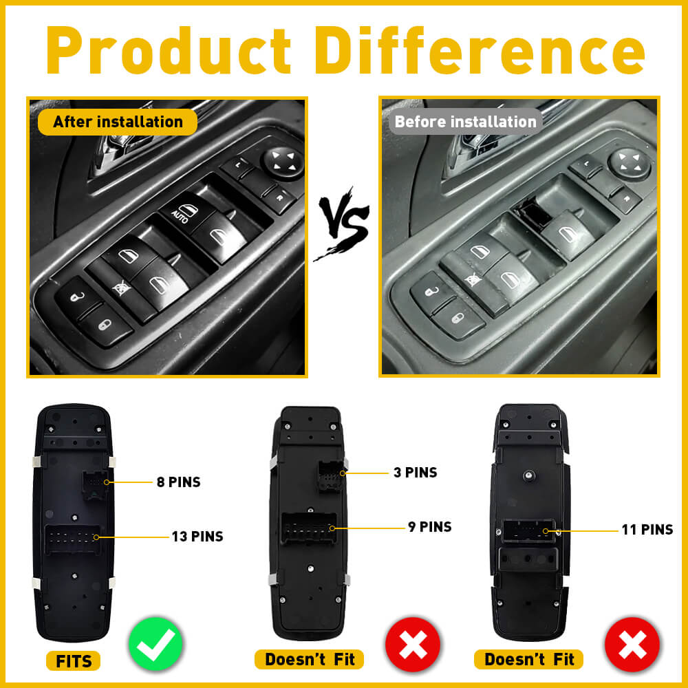 2011-2016 Dodge Journey Car Power Window Master Switch - 8+13 Pin Non-Power Folding Mirrors Replacement | Driver Side Door Control Panel for Easy Window Operation