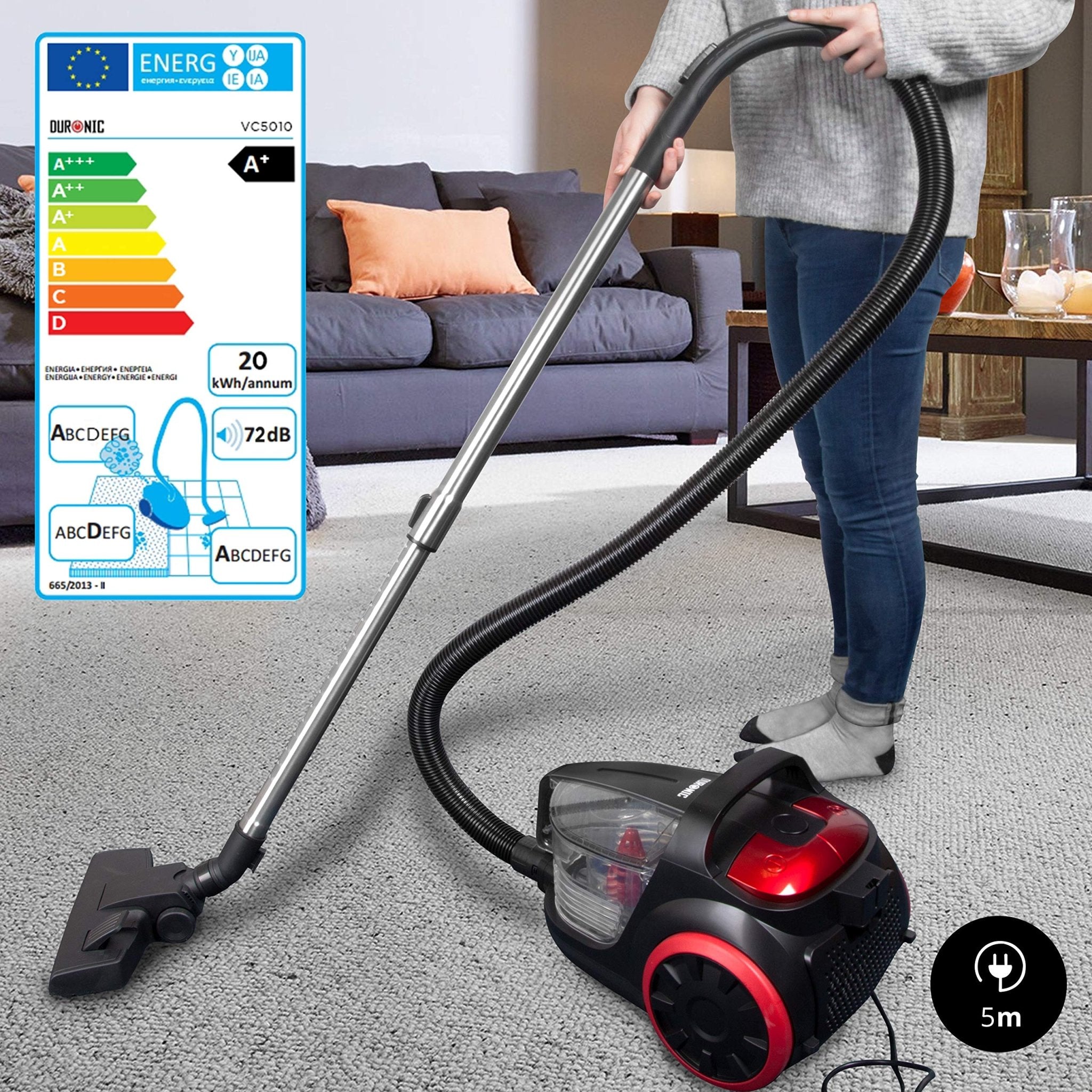 Duronic VC5010 Bagless Cylinder Vacuum Cleaner - 500W Cyclonic Carpet & Hard Floor Cleaner with HEPA Filter | Lightweight, Low Noise, Extendable Hose & 4 Attachments [Energy Class A+] | Perfect for Home, Office & Pet Hair Removal