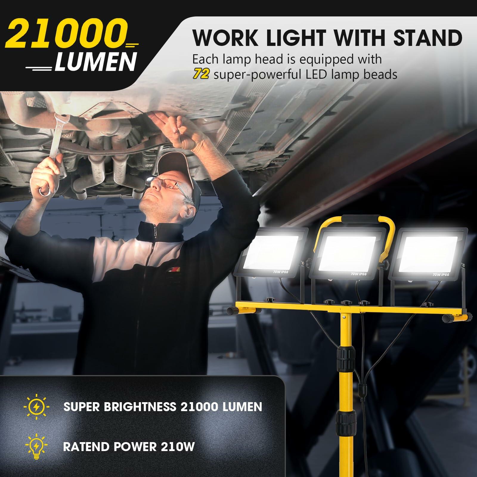21000 Lumen LED Work Light with Stand - 3 Head Adjustable Portable Work Light for Construction, Garage, Workshop, and Outdoor Lighting