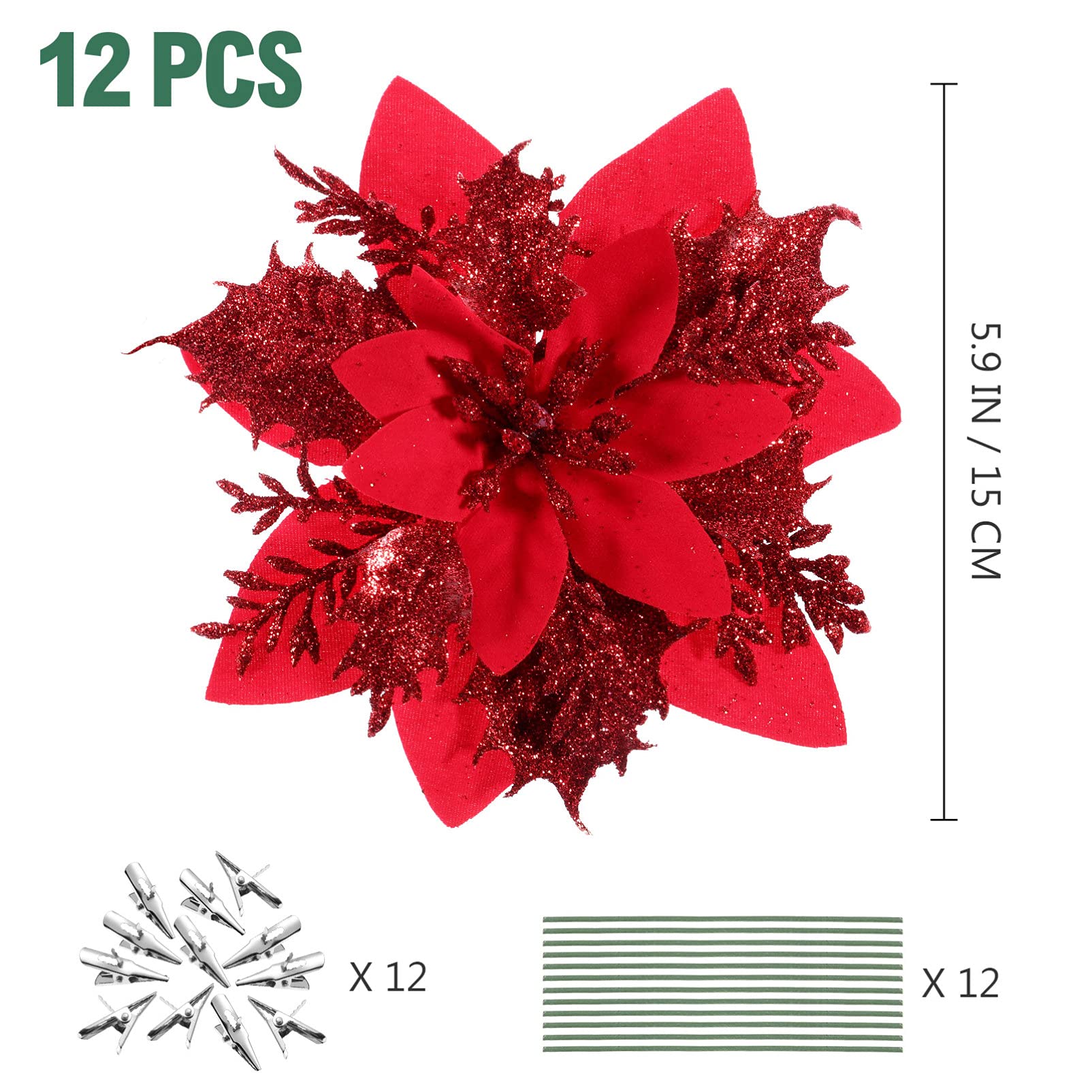 STOBOK 12 Pack Glitter Poinsettia Artificial Flowers - 6 Inch Red Christmas Tree Ornaments for Wreaths, Garlands, Holiday Party & Home Decor - Perfect for Xmas Decorations, Gift Wrapping, and Festive Centerpieces
