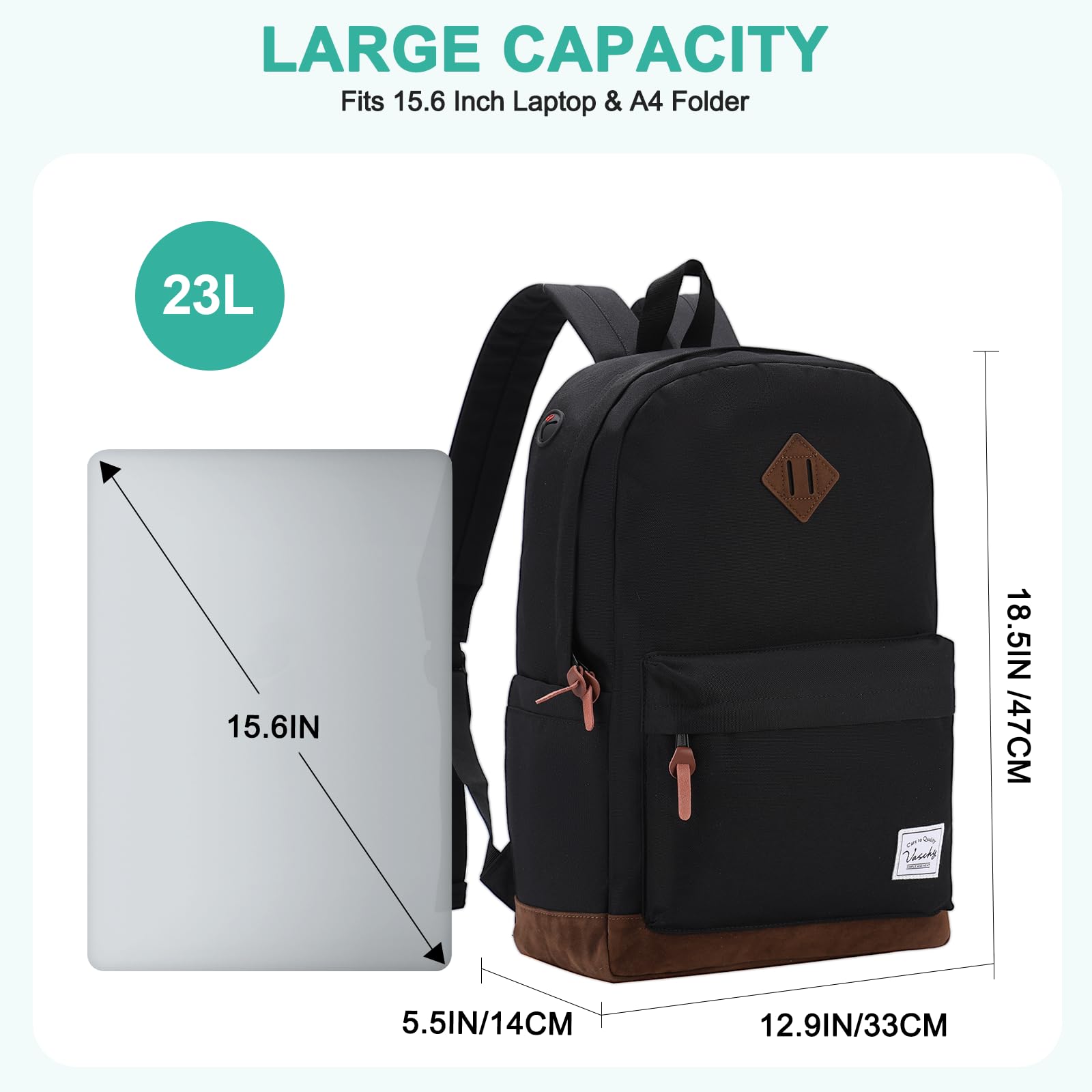 VASCHY Waterproof Lightweight Travel Backpack for Men & Women - Durable Casual Daypack for School, Work, Hiking & Outdoor Adventures