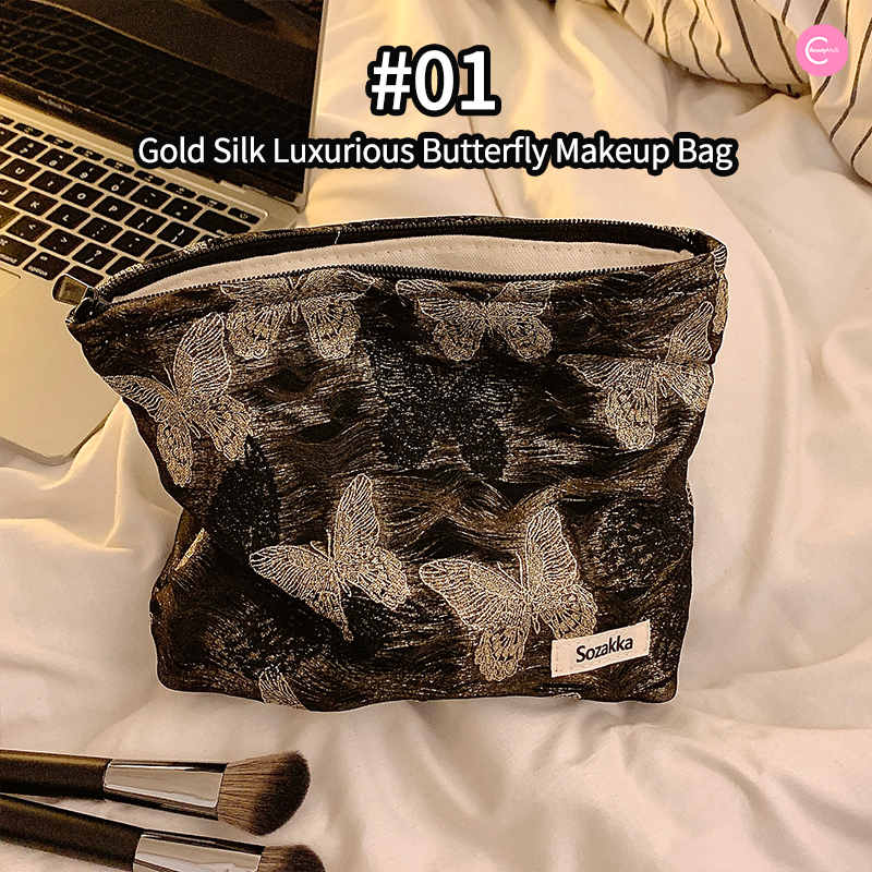 Blue Vip Hyovo Embossed Gold Silk Butterfly Makeup Bag - Elegant Cosmetic Pouch for Travel, Bridal Shower & Gift Giving
