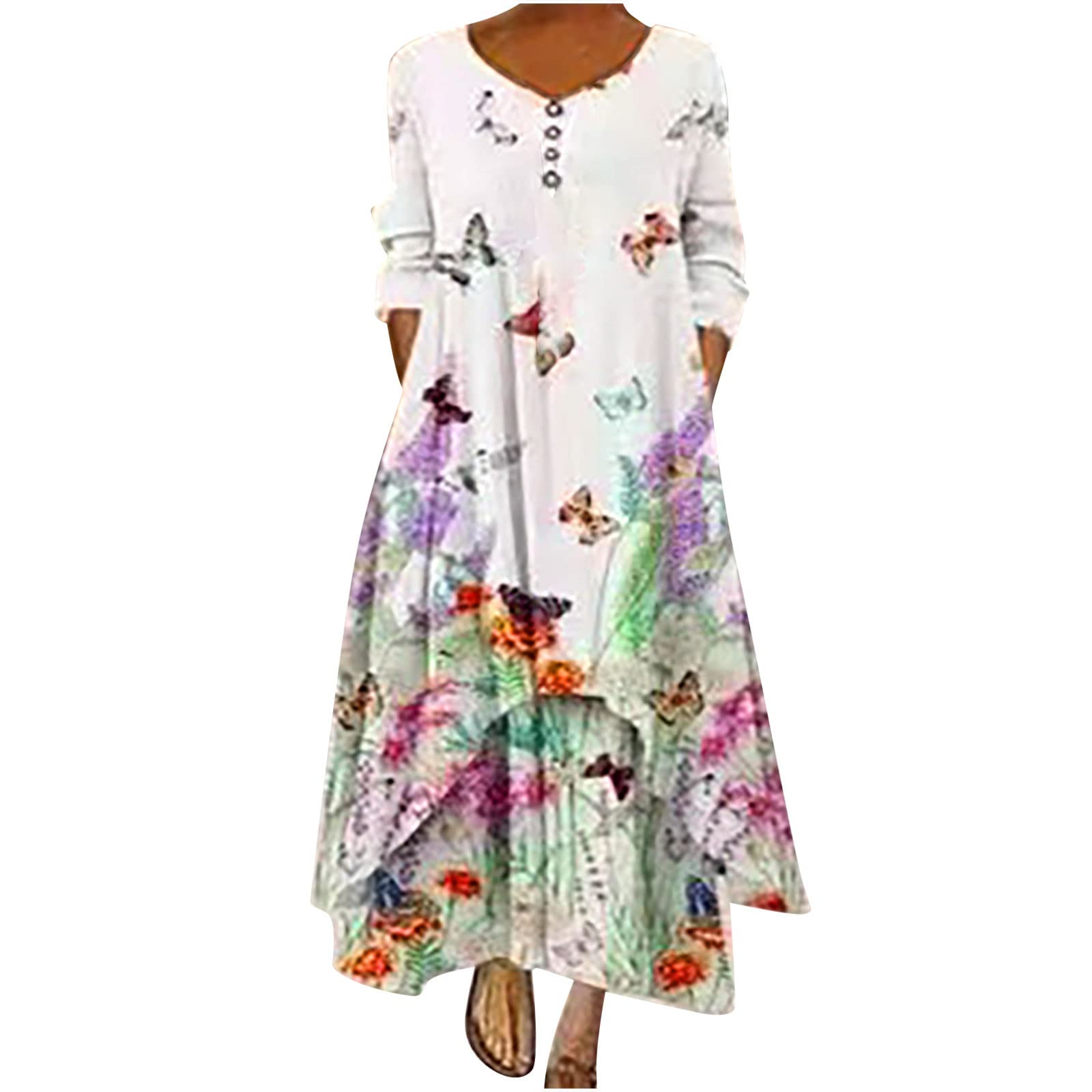 Women's Casual Long Sleeve Floral Print V-Neck Maxi Dress - Summer Boho Loose Fit Irregular Hem Dress for Daily Wear, Beach, Vacation & Outdoor Activities