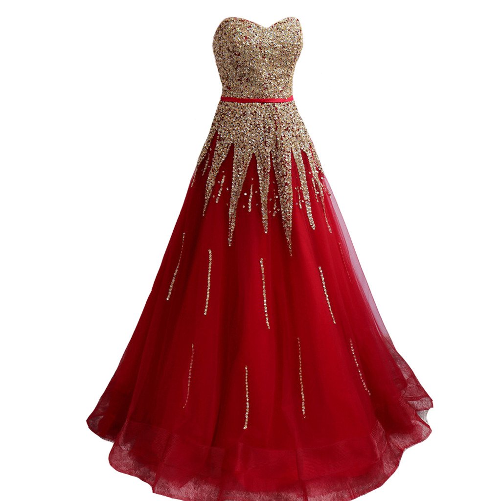 Kivary® Red A-Line Prom Dress with Gold Beading - Long Corset Sash Sweetheart Neckline Evening Gown for Homecoming, Wedding, Pageant & Formal Events