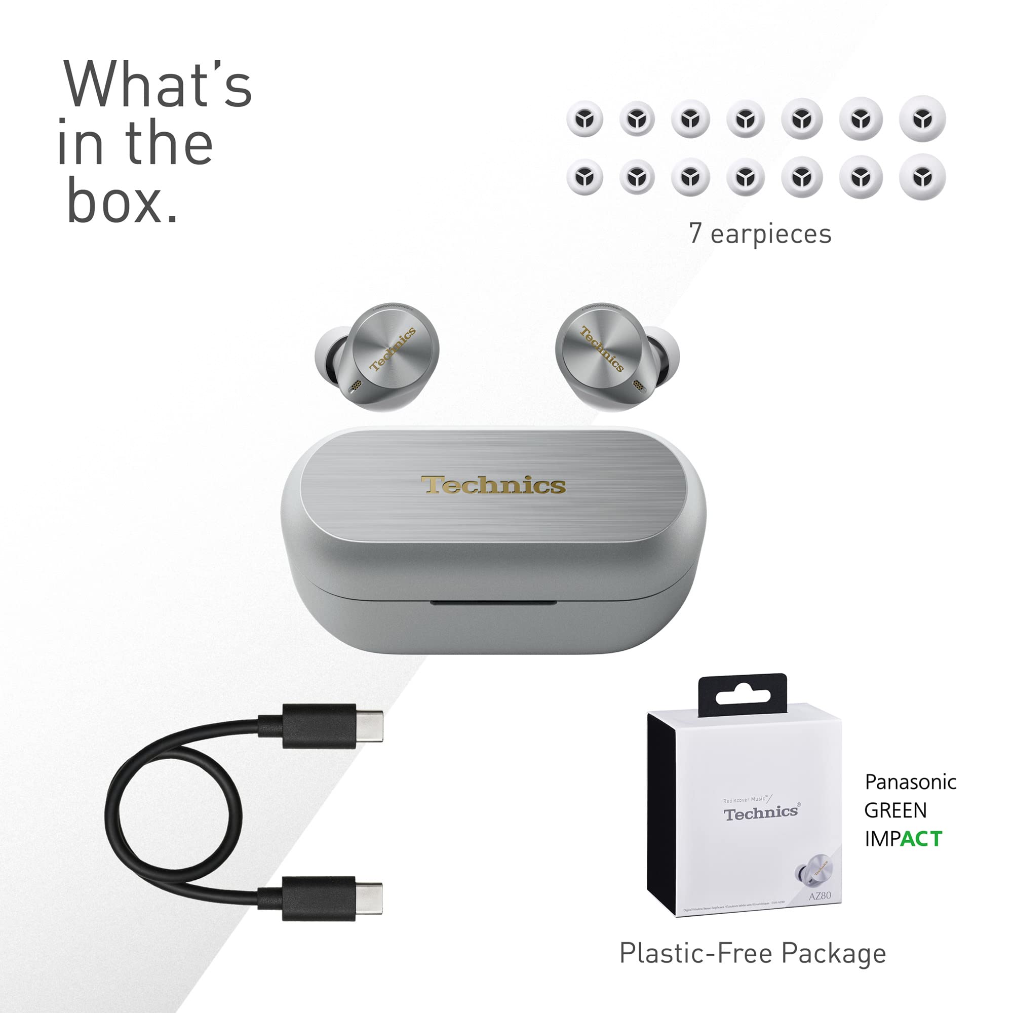 Technics EAH-AZ80E-S Premium Wireless Earbuds with Active Noise Cancelling, Multipoint Bluetooth 5.3, Ergonomic In-Ear Design, 7H Playtime & 24H Charging Case - Silver | Perfect for Commuting, Workouts & Travel