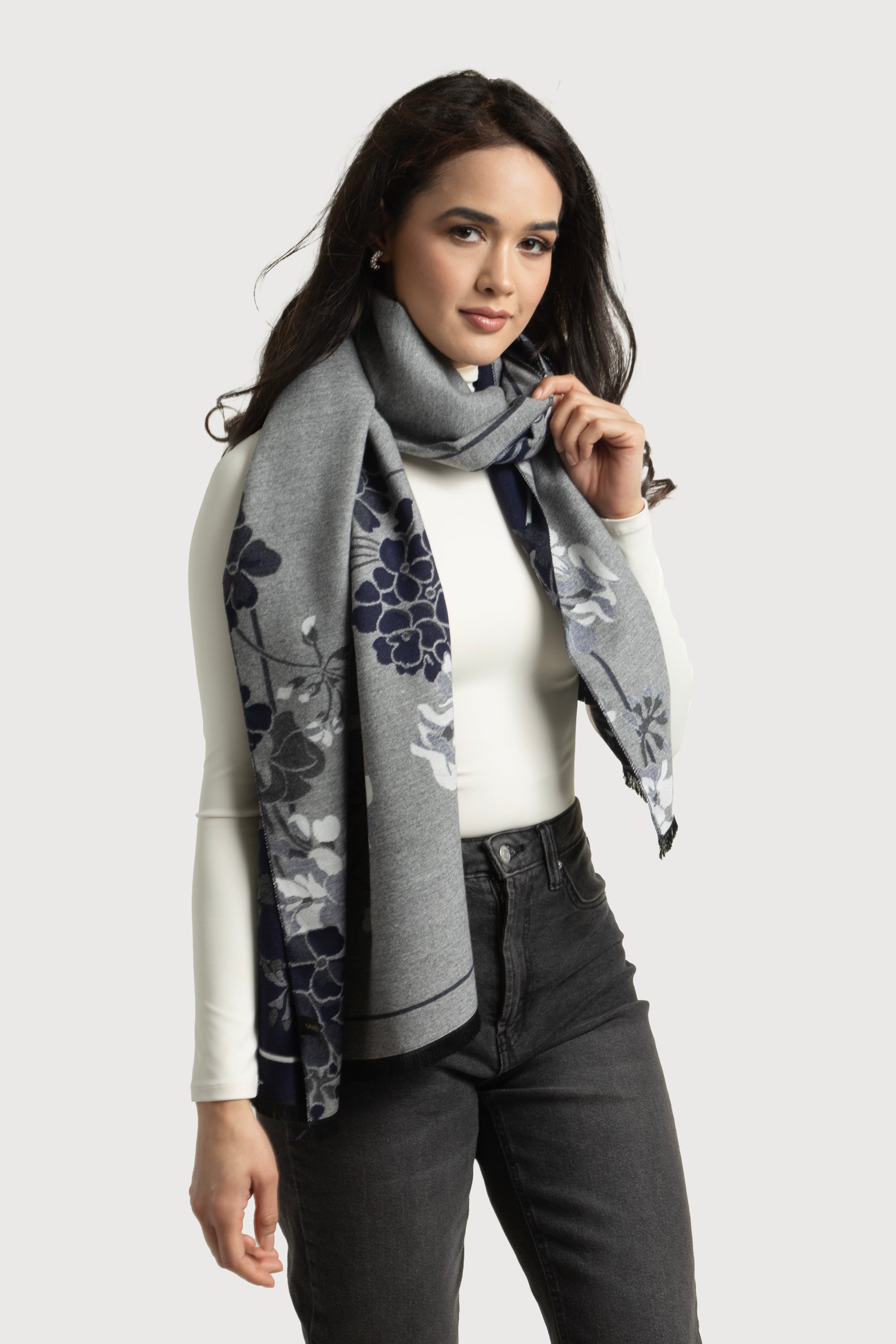 Two-Tone Floral Reversible Scarf - Soft Lightweight Womens Fashion Accessory for Spring & Fall Outfits, Travel and Office Wear