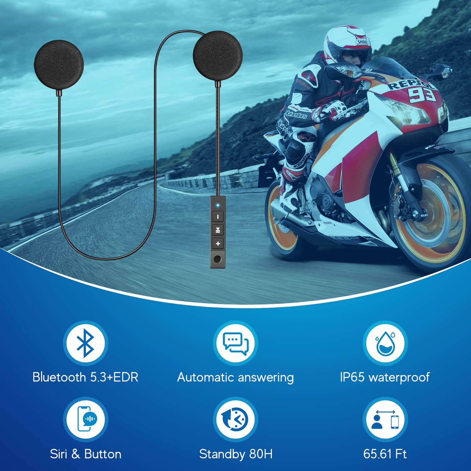 MAXTO Bluetooth Motorcycle Helmet Headset - Wireless 5.3 EDR, Hands-Free Speaker for Outdoor Riding
