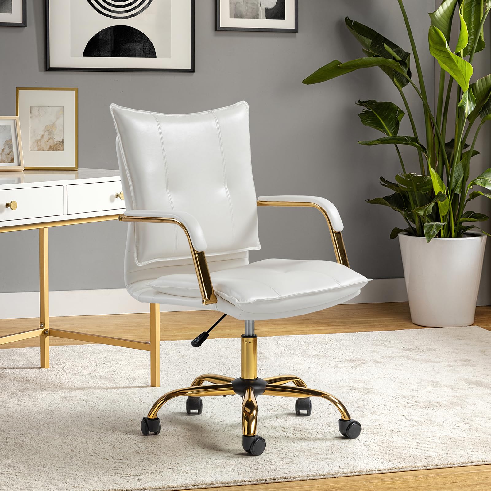 HULALA HOME Faux Leather Office Chair with Adjustable Height & Swivel Base - Golden Metal Legs & Arms - Ergonomic Computer Desk Chair for Home Office - White - Perfect for Work, Gaming & Study Sessions