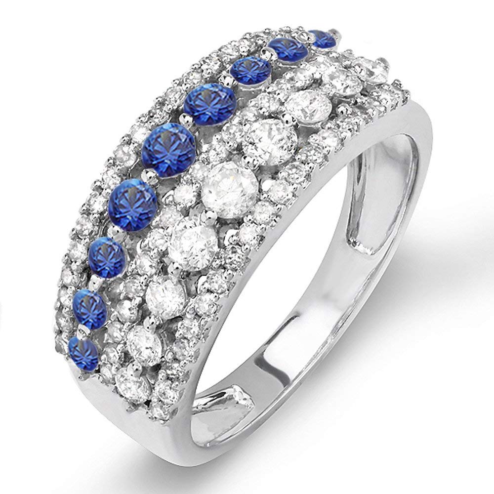 18K Solid White Gold Round Blue Sapphire & White Diamond Women's Wedding Band Ring – Dazzlingrock Collection | Perfect for Anniversary, Engagement & Special Occasions