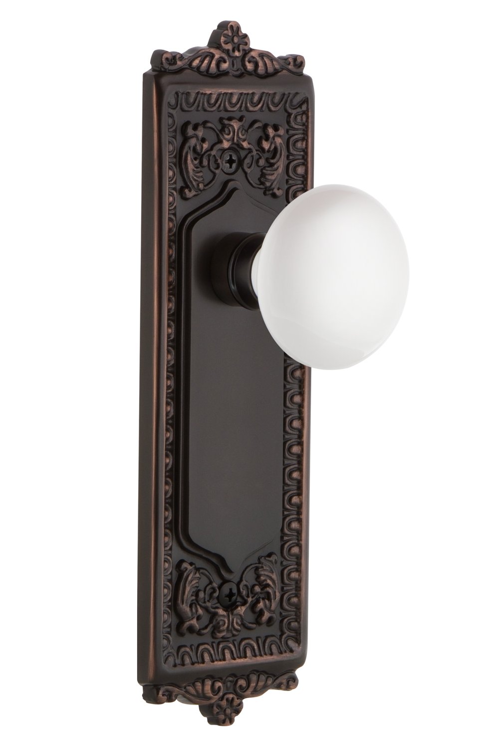 Vintage Egg & Dart Design White Porcelain Door Knob with Timeless Bronze Finish - Classic Home Decor for Bedroom, Bathroom & Interior Doors (Privacy Plate Included)