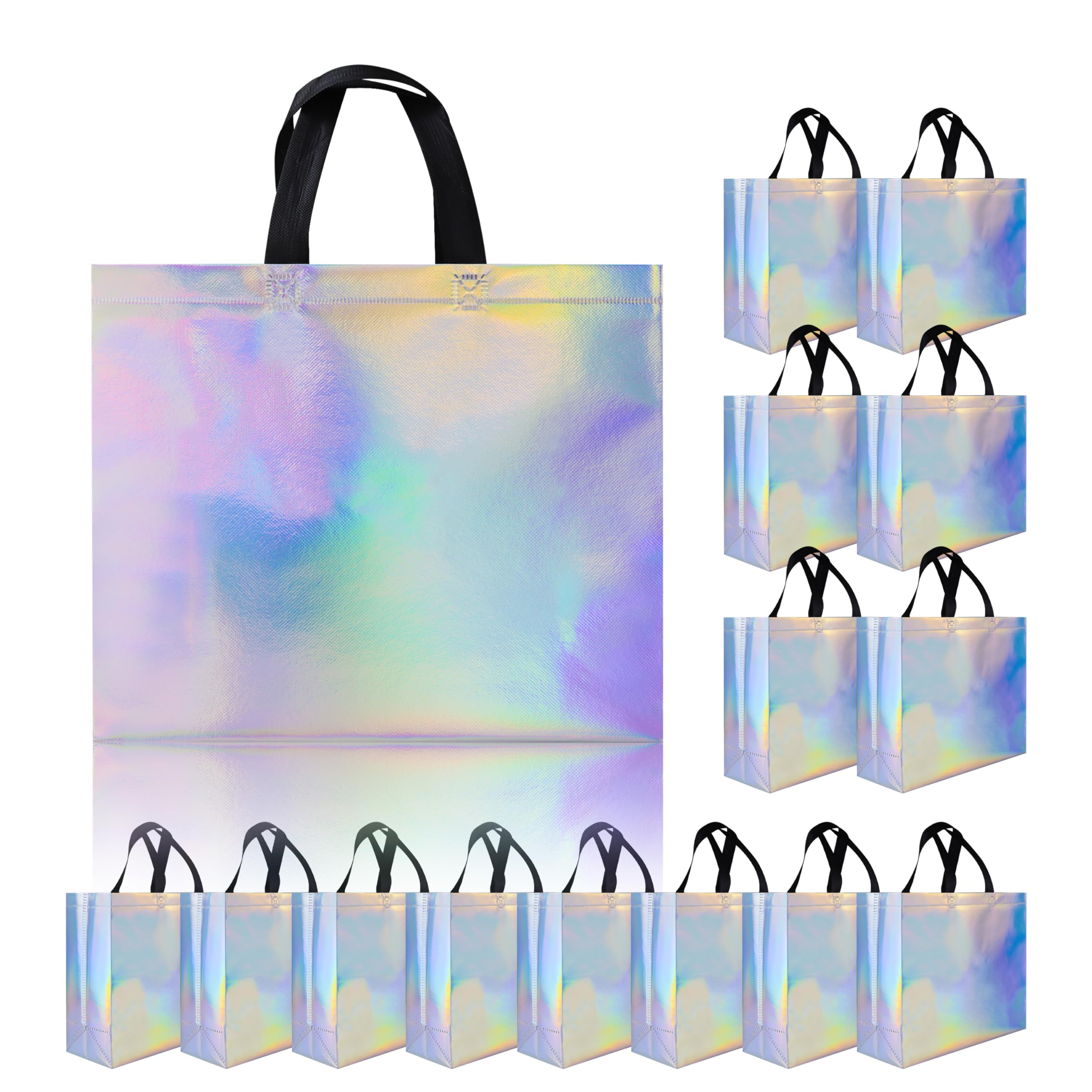 15 Pack Glossy Iridescent Reusable Gift Bags with Black Handles - 12.6x4.7x11 Inch Non-Woven Party Favor Bags with Sturdy Base - Perfect for Christmas, Birthday, Wedding, Easter & Holiday Celebrations - Great for Gift Wrapping, Party Favors & Special Occasions