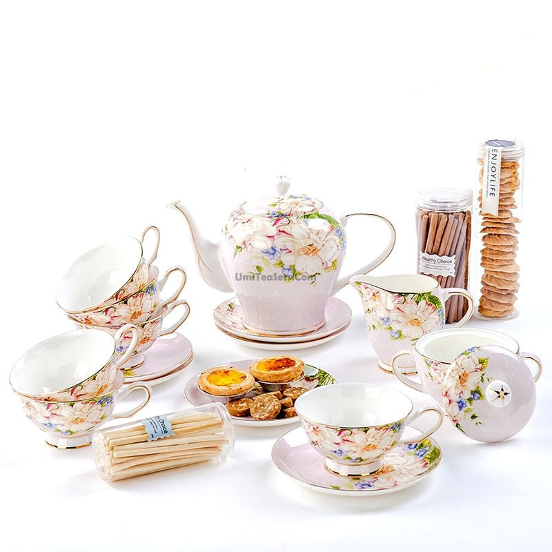 Elegant Porcelain Afternoon Tea Set - 16-Piece Floral Bone China Tea Service with Teapot, Cups & Saucers - Perfect for English Tea Parties, Bridal Showers & Garden Gatherings