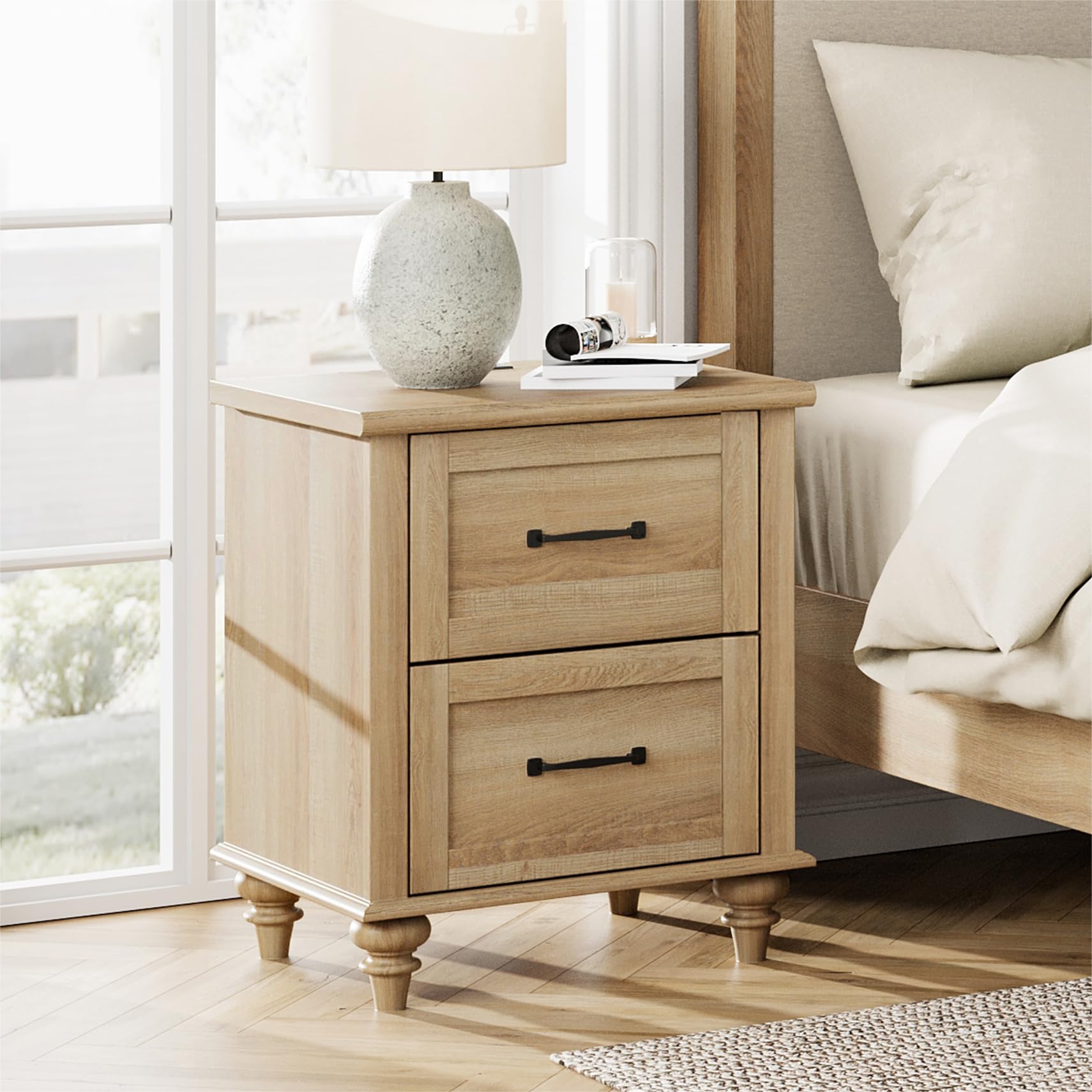 WAMPAT 3-Piece Farmhouse Bedroom Set - Oak Dresser with 5 Drawers & 2 Nightstands with Charging Stations - Rustic Wooden Chest of Drawers & End Tables for Master Bedroom Decor