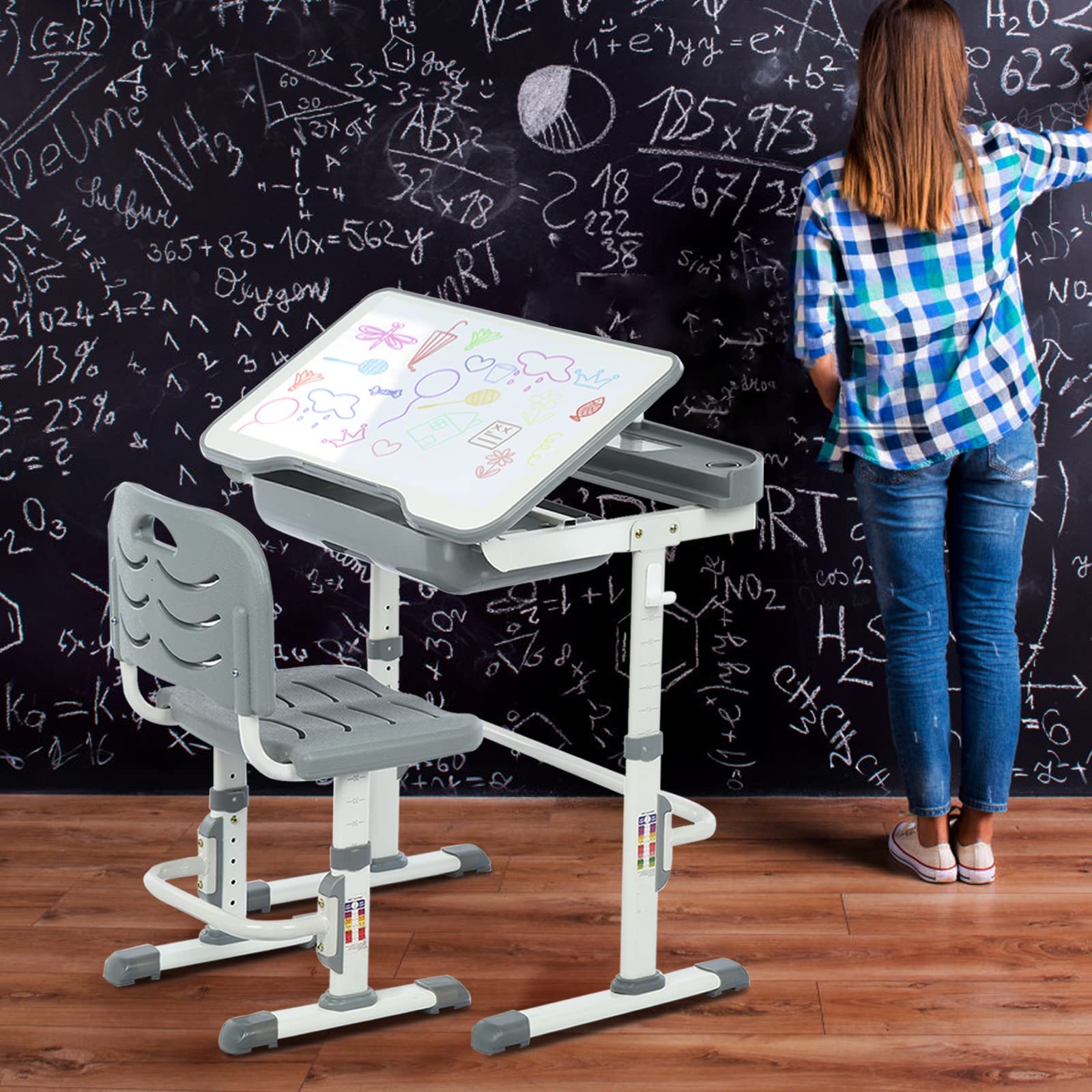 Adjustable Kids Study Desk and Chair Set with Pull-Out Drawer & Tilting Desktop - Ergonomic Children's Furniture for Homework & Art (Grey) - Perfect for Small Spaces, Homeschooling & Bedroom Learning Areas