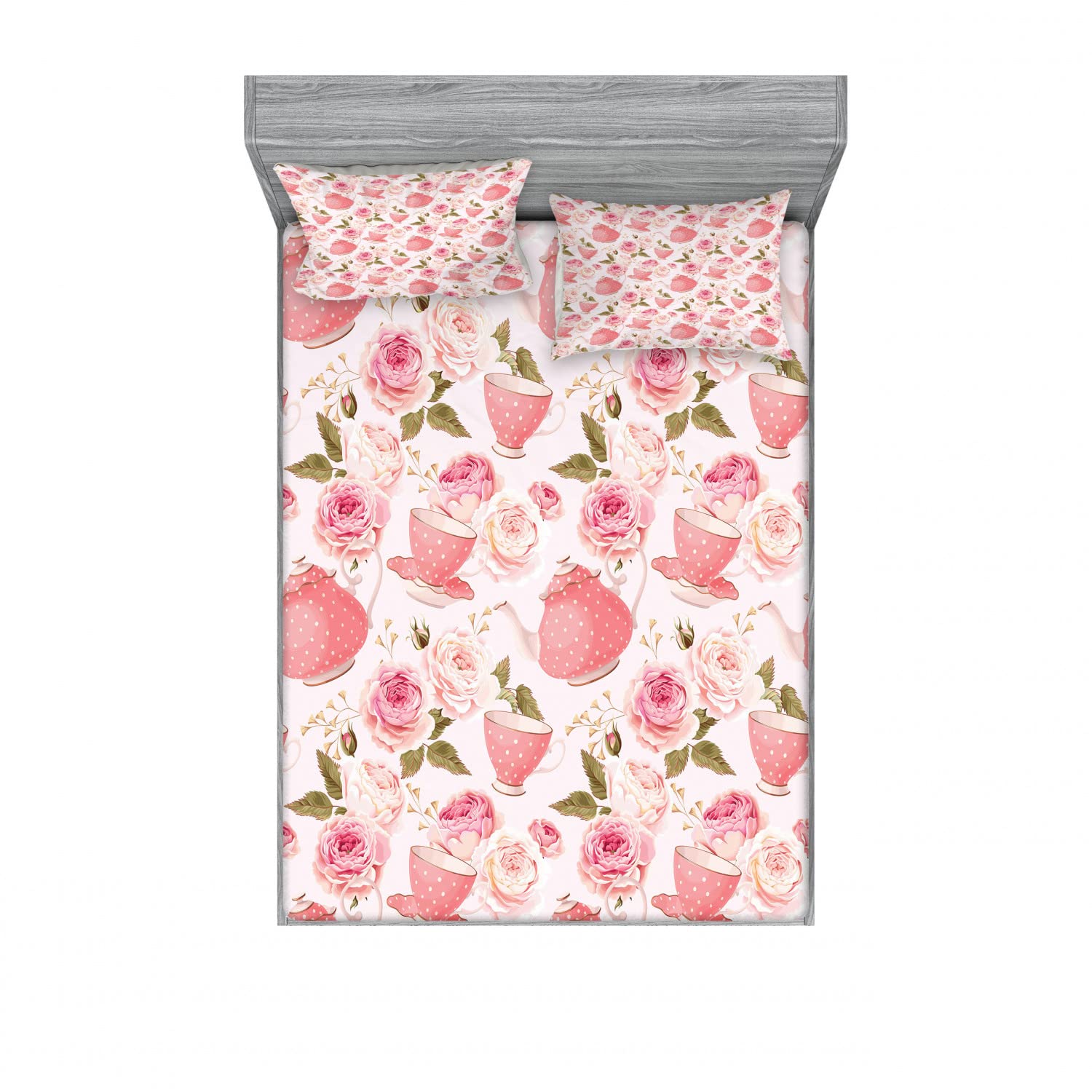 Ambesonne Floral Queen Size 2-Pack Fitted Sheet & Pillow Sham Set - Vintage Tea Cup Roses Design, 4-Piece Bedding Decor in Fern Green & Pale Pink (Includes 2 Fitted Sheets & 4 Pillow Covers) - Perfect for Master Bedroom, Guest Room & Vintage Themed Home Decor