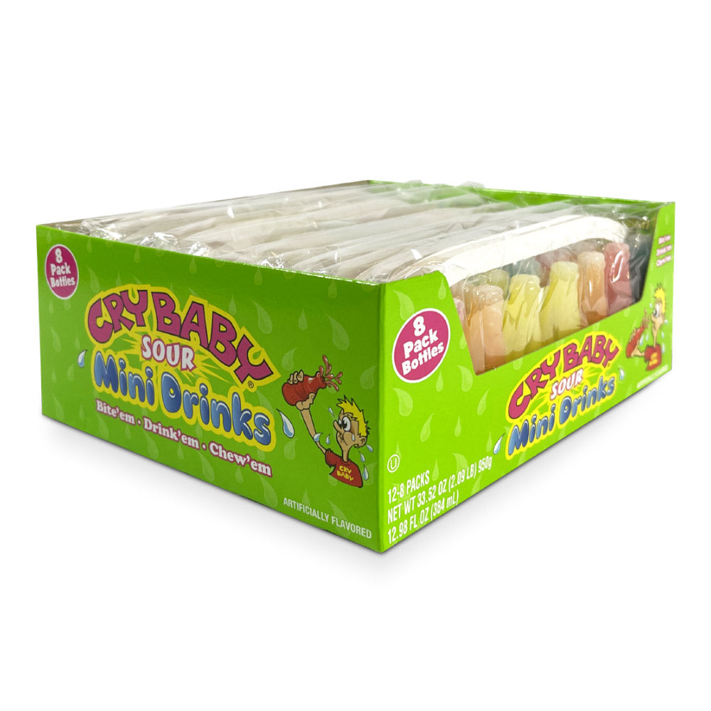 Cry Baby Sour Mini Drinks 8 Pack Bottle | 12ct Box - Tangy Sour Candy Beverage for Kids Parties, Halloween Treats & School Snacks