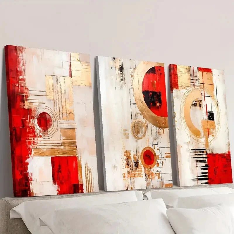 3-Piece Red Abstract Geometry Modern Wall Art Set - Framed Canvas 40x60cm (16x24in) - High Quality Print - 100% Australian Made - Ready to Hang - Perfect for Living Room, Bedroom & Office Decor