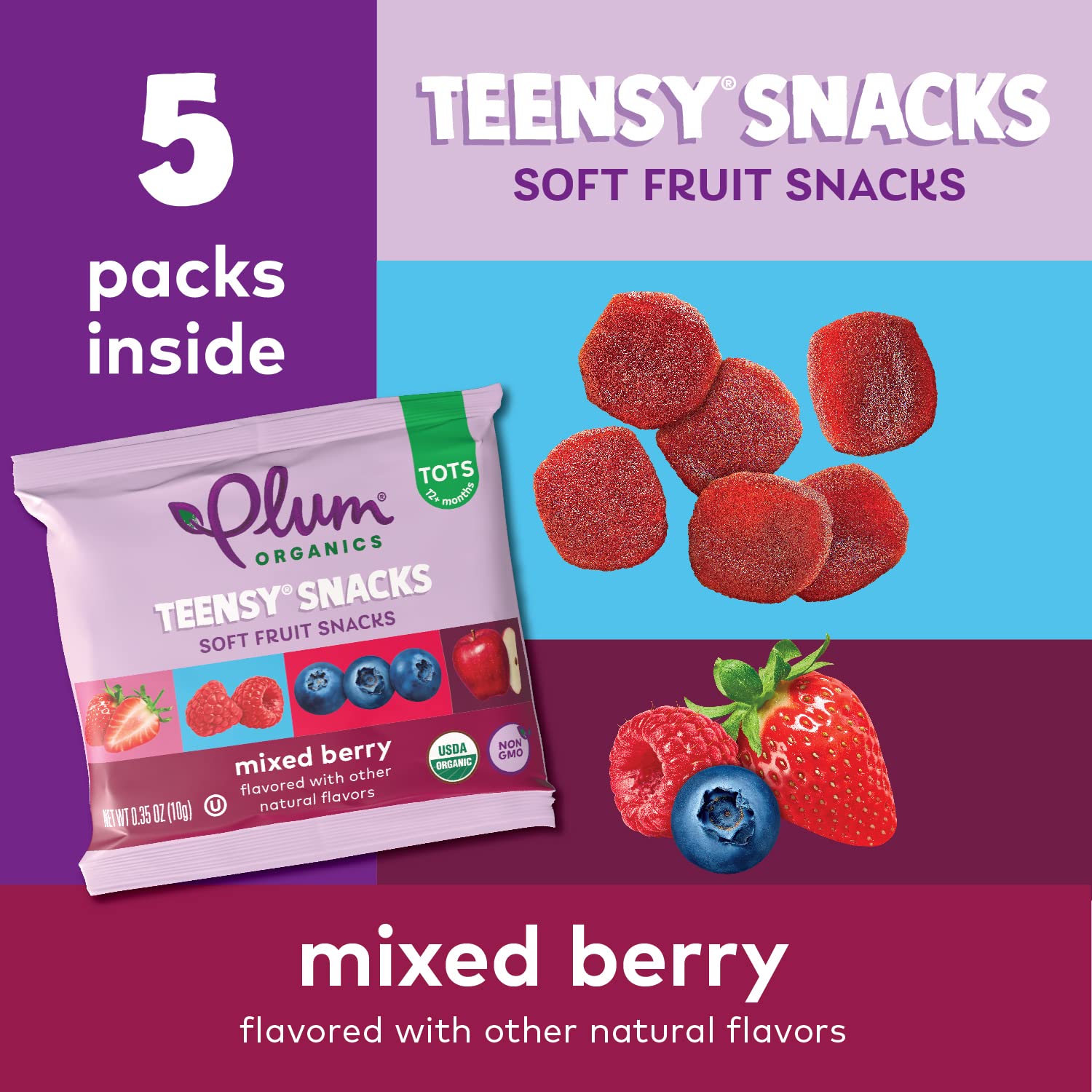 Organic Plum Teensy Snacks Soft Fruit Snacks - Mixed Berry Flavor - 5 Count (Pack of 8) - Healthy Toddler & Kids Snacks for School, Travel & On-the-Go