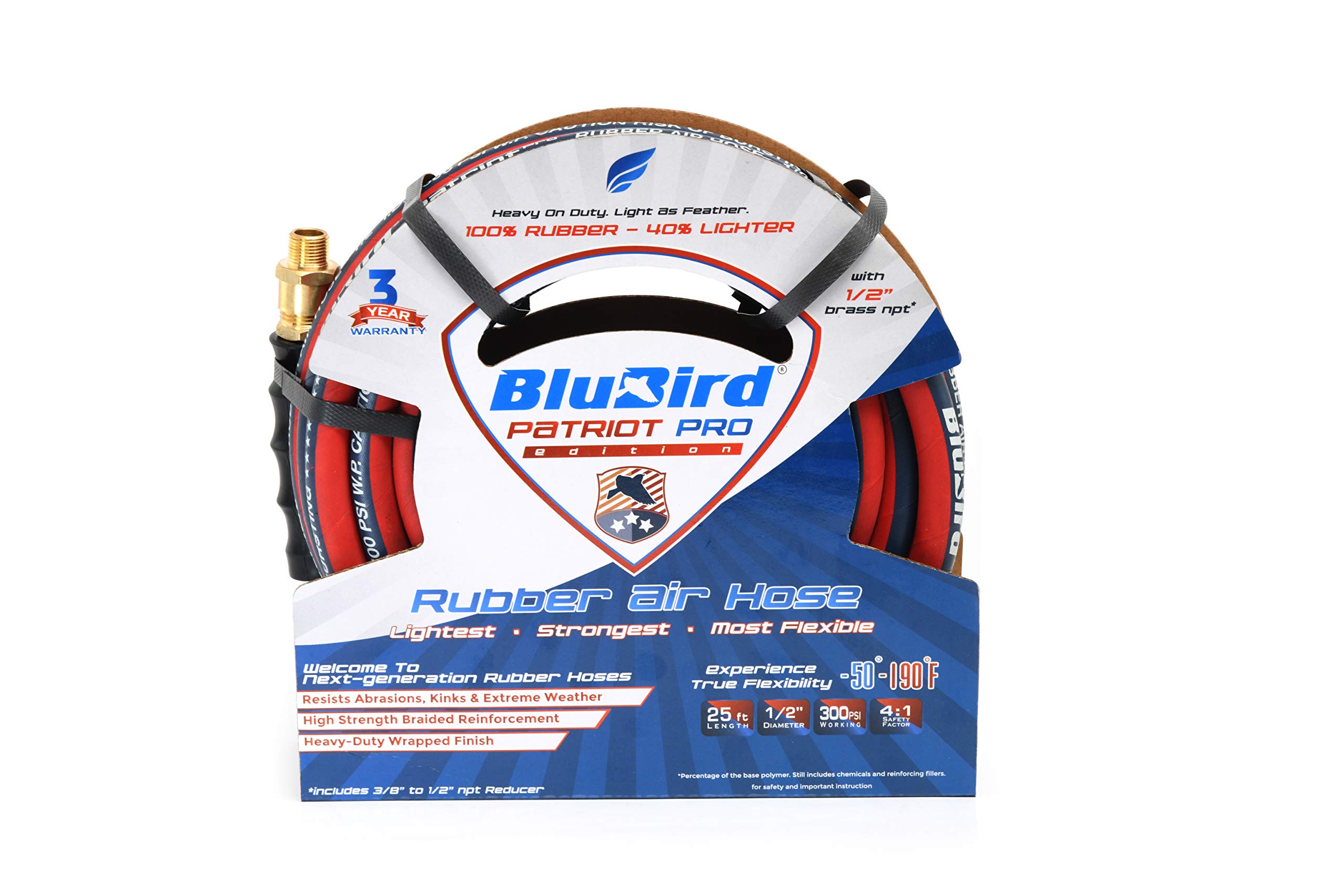 Blubird Air Hose Patriot Pro 3/8 Inch x 100 Feet Heavy Duty Air Compressor Hose - 300 PSI Working Pressure for Industrial, Garage & Workshop Use