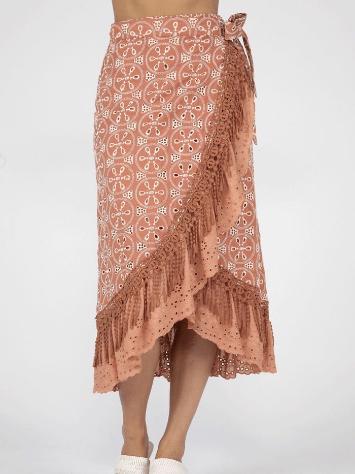 Miss Me MS0131L Women's Long Ruffled Layered Wrap Skirt in Rust - Perfect for Casual Outings, Beach Vacations & Boho Fashion Styles