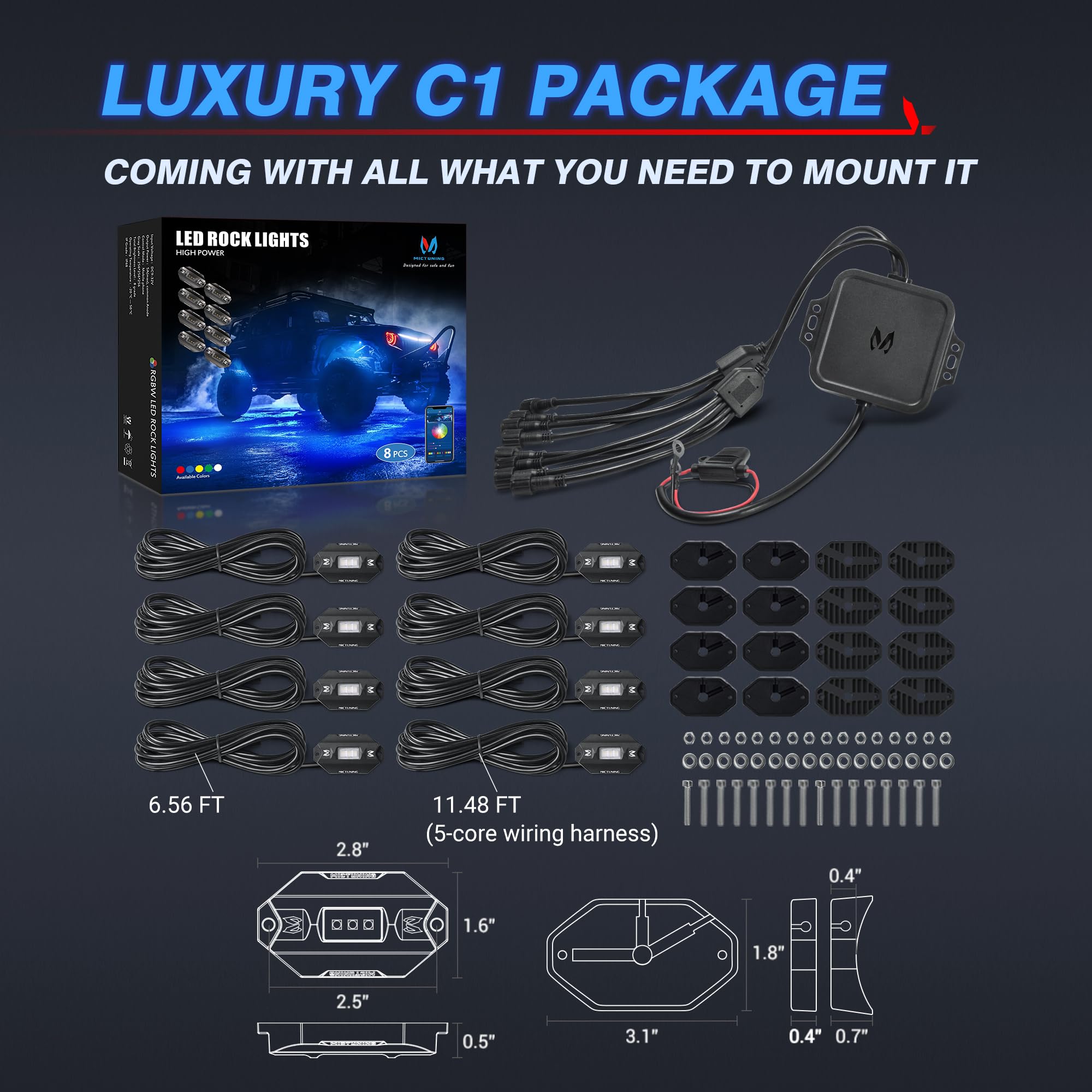 MICTUNING C1 8 Pods RGBW LED Rock Lights - Waterproof Multicolor Underglow Neon Light Kit with Bluetooth Controller & Music Sync for Trucks, Jeeps, ATVs - Perfect for Off-Roading, Car Shows & Night Driving