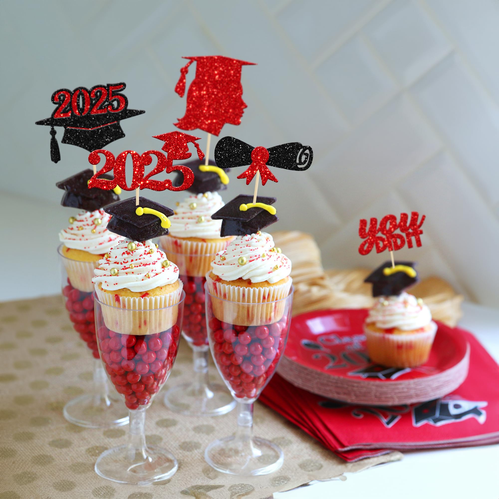 30Pcs Red Glitter Graduation Cupcake Toppers - Class of 2025 Diploma Cap Cake Decorations for Women & Girls | Perfect for 2025 Graduation Theme Party, Birthday Celebrations & School Events