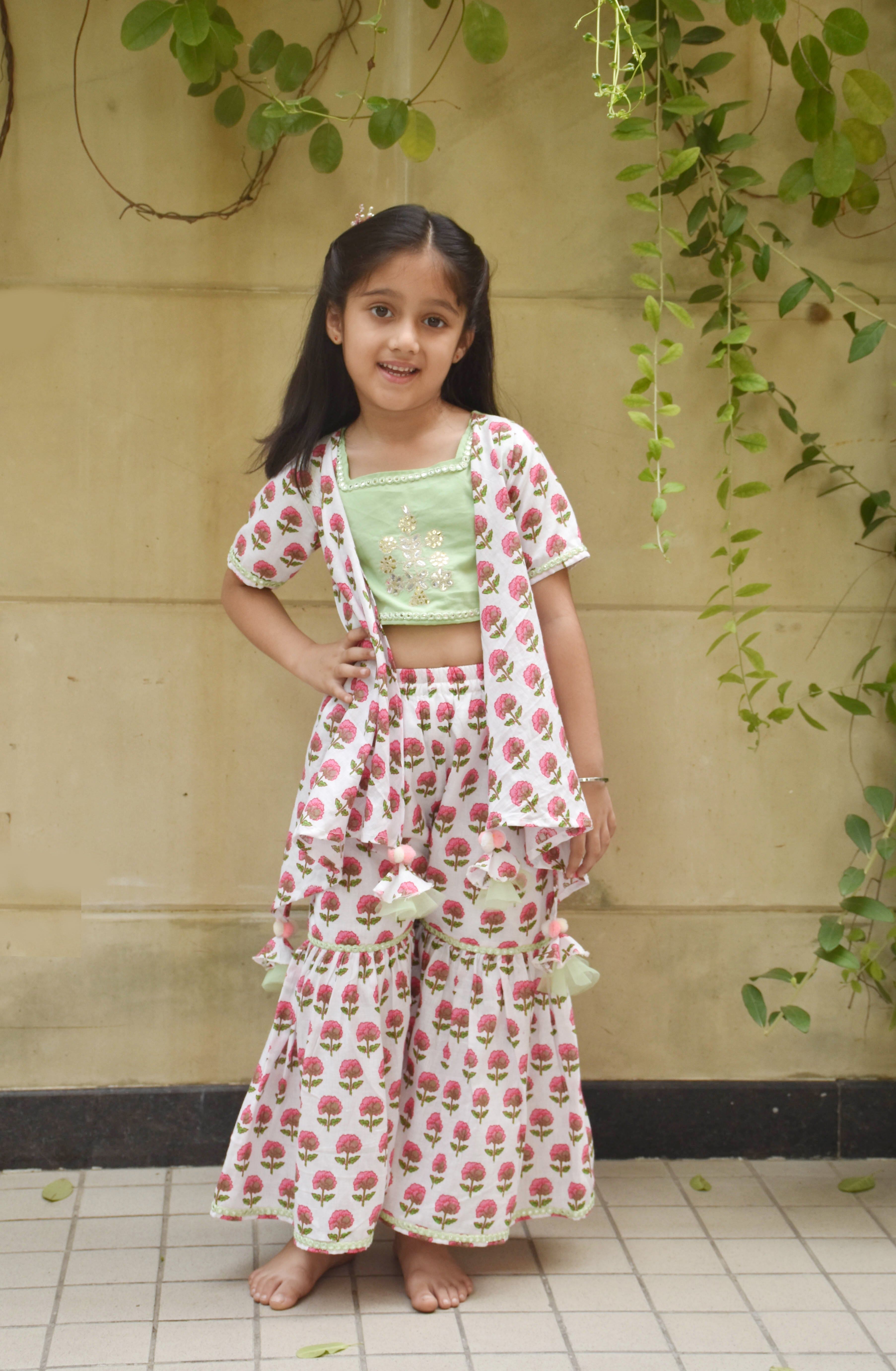 Pre Order: Stylish Green Embroidered Top with Printed Sharara Set - Perfect for Festivals, Weddings & Special Occasions
