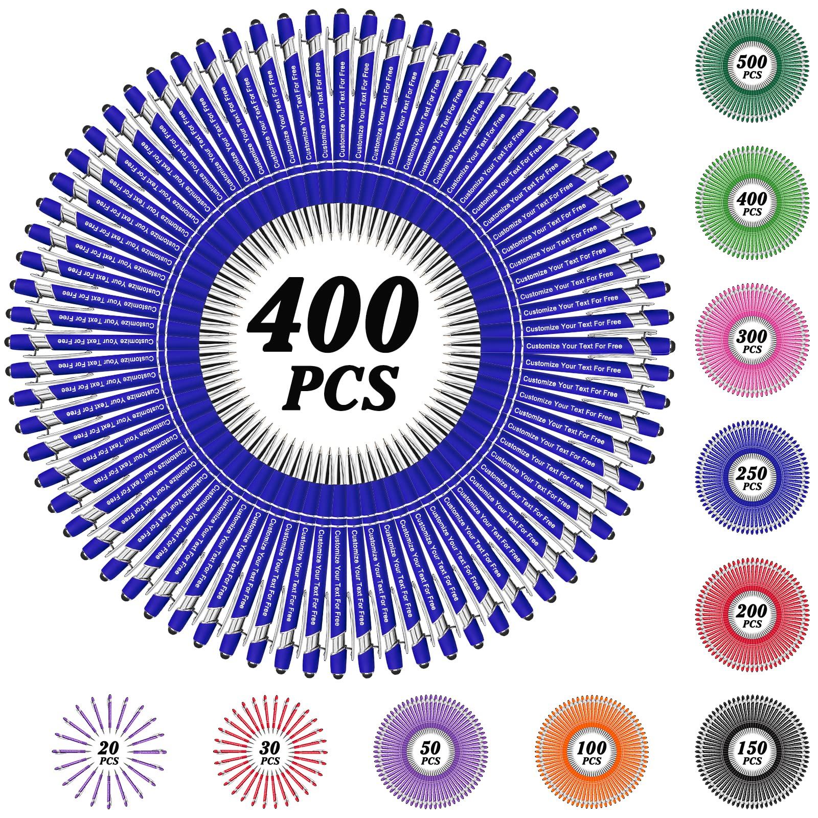 500 Pcs Custom Engraved Pens Bulk - Personalized Ballpoint Pens with Stylus Tip for School, Office, Business, Graduation & Anniversaries - Free Name/Text Engraving (400 Pack) - Perfect for Corporate Gifts, Promotional Events & Student Rewards