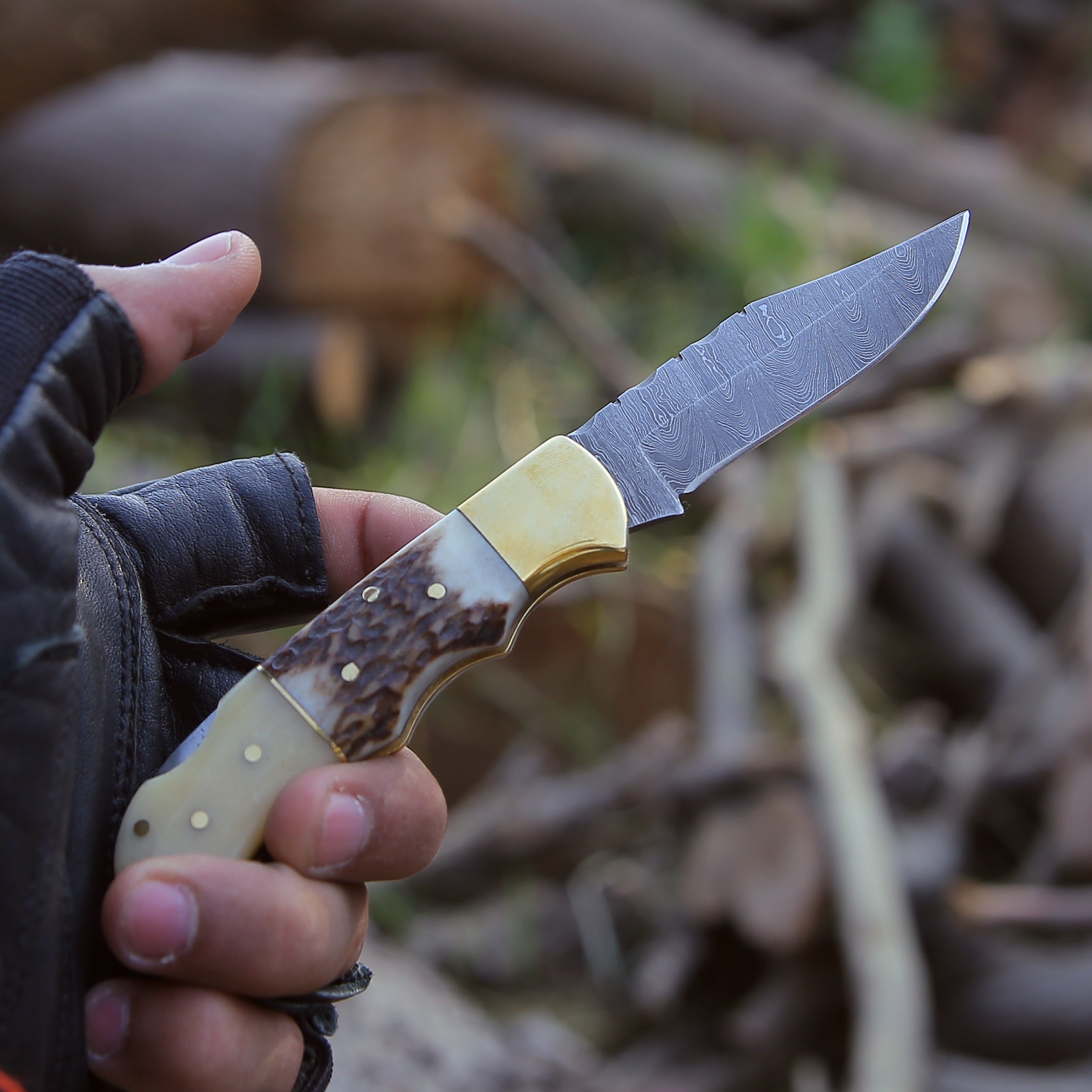 Premium Damascus Steel Pocket Knife with Staghorn & Bone Handle - Hunting, Camping & Outdoor Survival Tool - Perfect Gift for Men & Adventurers