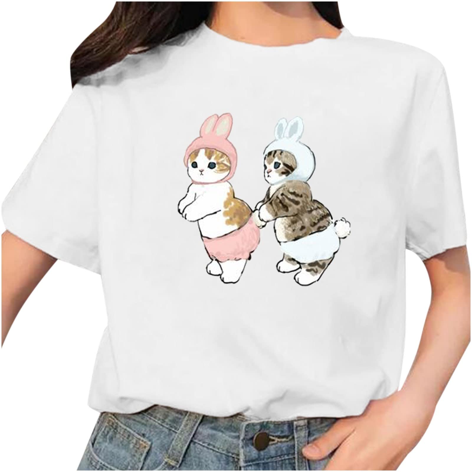 HRAPDA Women's Cute Summer Tops - Trendy Cat Print Short Sleeve Crew Neck Tunic Blouse | Casual Loose Fit T-Shirt for Everyday Wear, Beach Outings & Date Nights