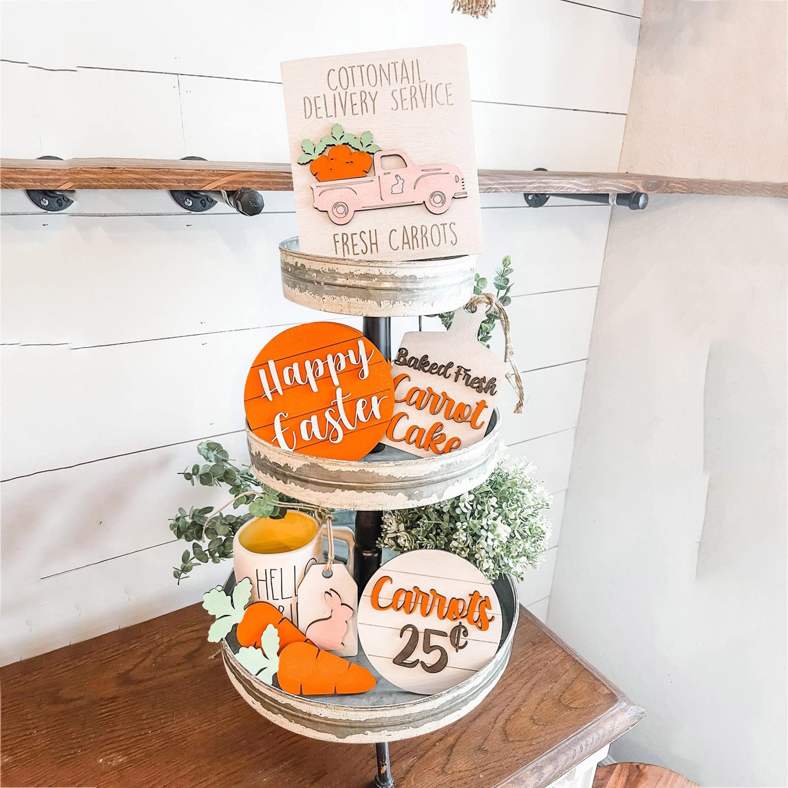 7Pcs Easter Table Decor Set - Rustic Farmhouse Tiered Tray Stand with Shelf for Home, Room & Table - Classic Easter Decorations for Women & Men - Perfect for Spring Home Decor, Holiday Parties and Gift Giving