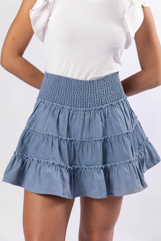 Through The Garden Medium Wash Chambray Mini Skort - Women's Denim Skirt Shorts Hybrid for Casual Wear | Perfect for Summer Outfits, Beach Trips and Outdoor Activities