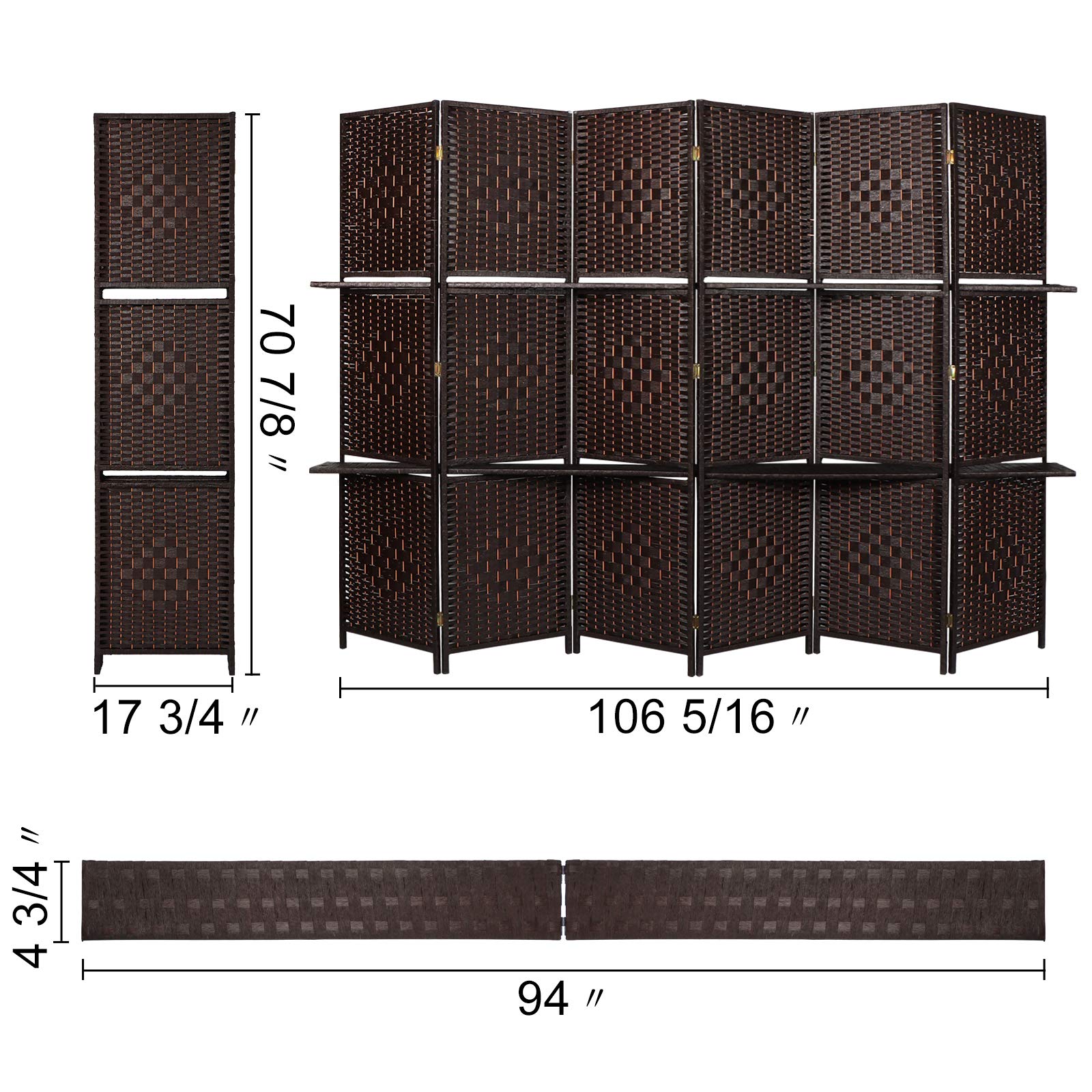 6 Panels 6 FT Tall Extra Wide Woven Fiber Room Divider with 2 Shelves - Double Hinged Folding Privacy Screen - Freestanding Partition for Living Room, Bedroom, Office (Coffee Brown)