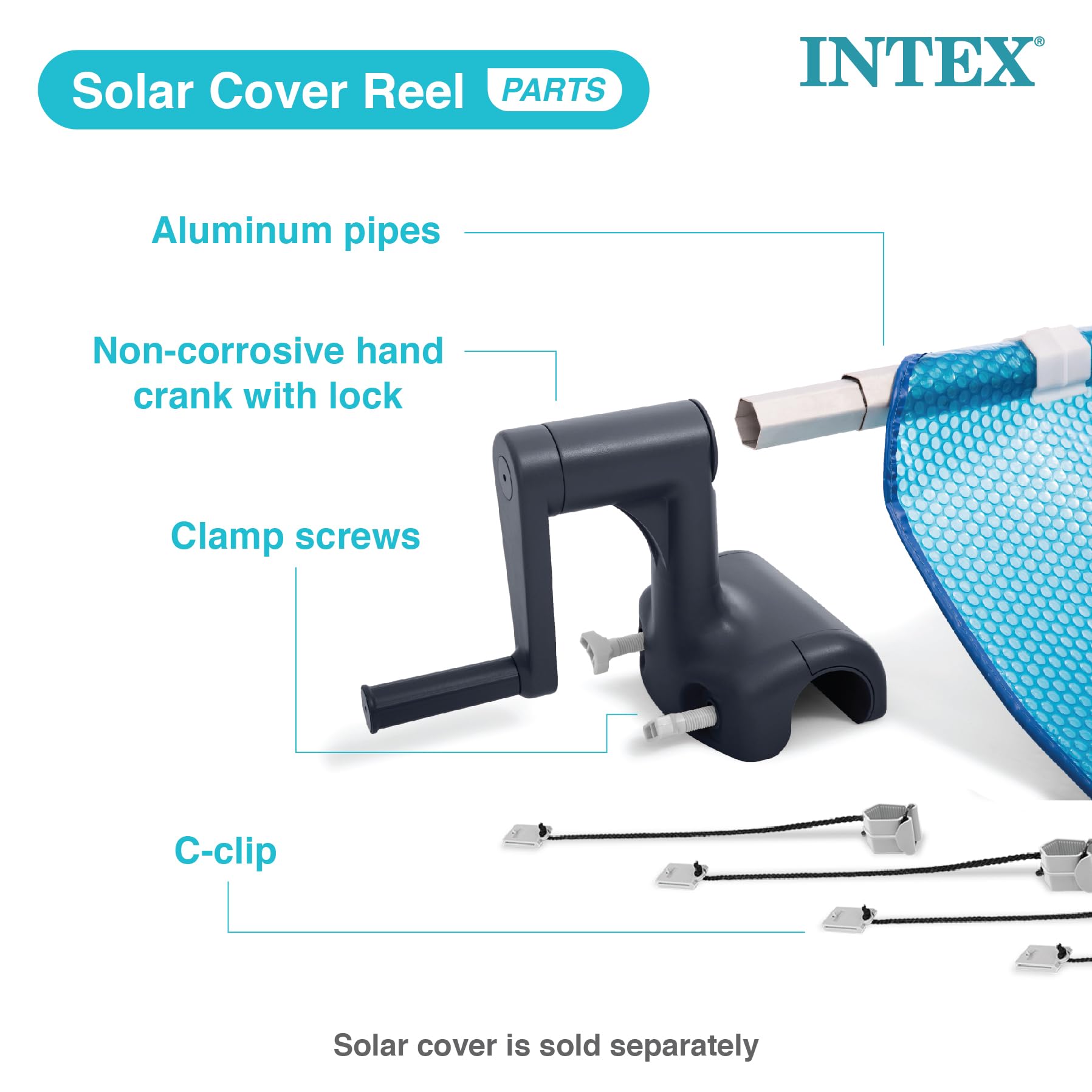 Intex Heavy Duty Solar Above Ground Pool Cover Reel - Adjustable Aluminum Frame with Locking Mechanism for Rectangle Pools (Cover Not Included) - Perfect for Easy Pool Cover Storage & Winter Protection