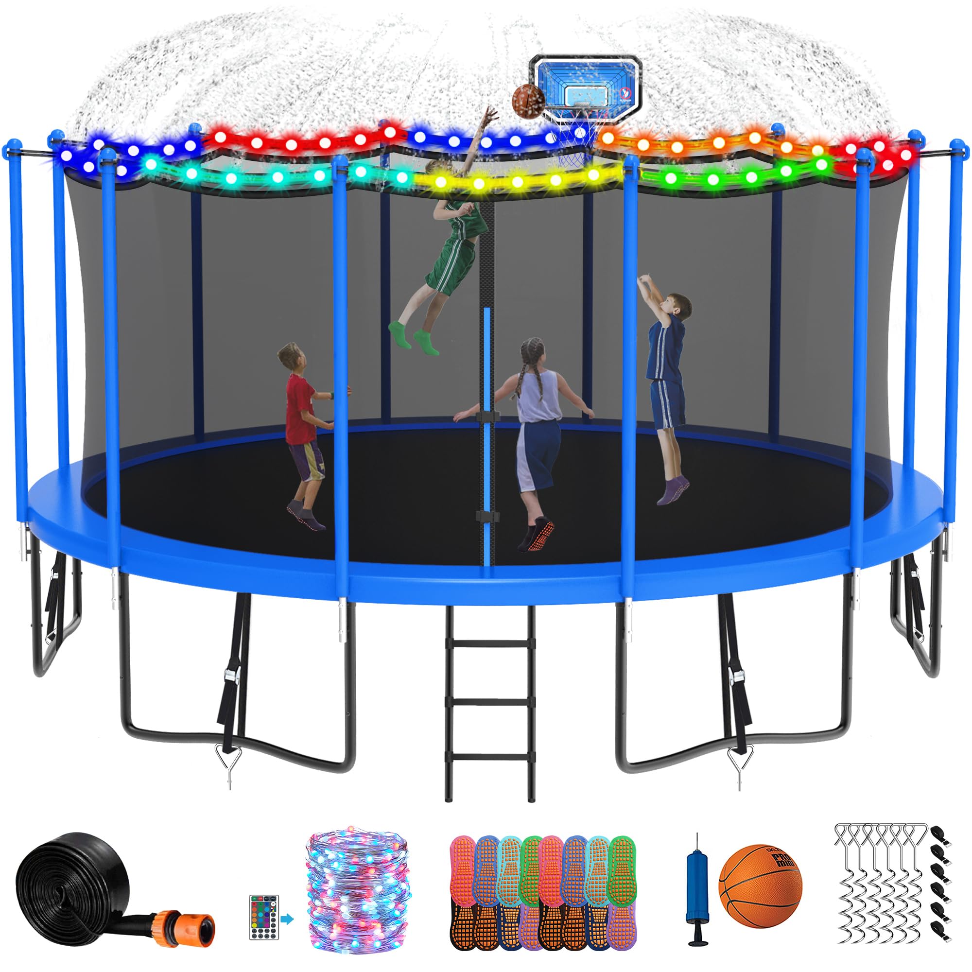 DeepRoar Trampoline for Kids & Adults - 1500LBS Capacity, 8FT to 16FT Sizes with Basketball Hoop, Safety Enclosure Net & LED Lights | Heavy Duty Outdoor Trampoline with Sprinkler, Socks & ASTM Certification | Perfect for Backyard Fun, Exercise & Family Bonding